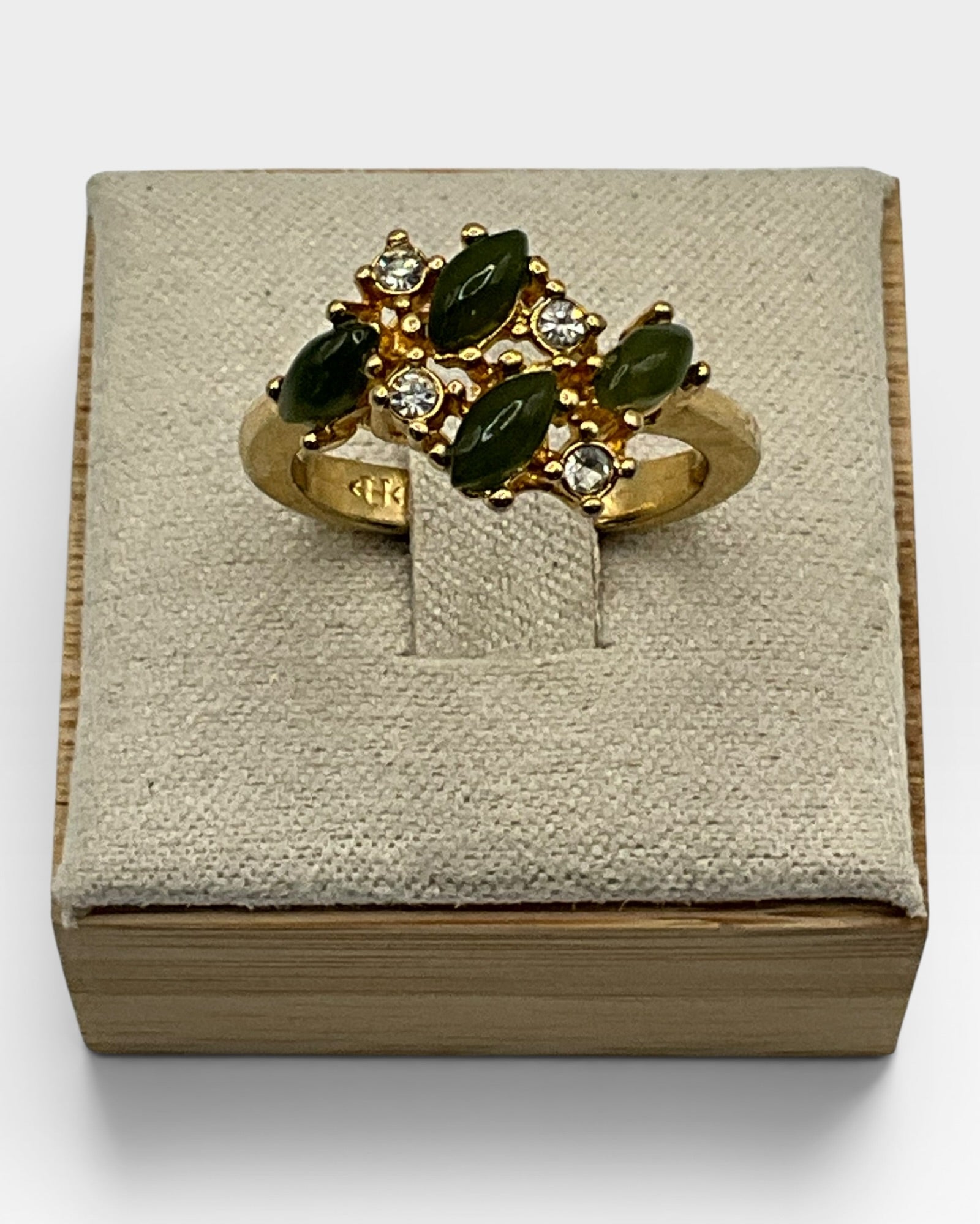 Crystals & Natural Green Jade Hollywood Regency Ring - Estate Sale (Great Condition)