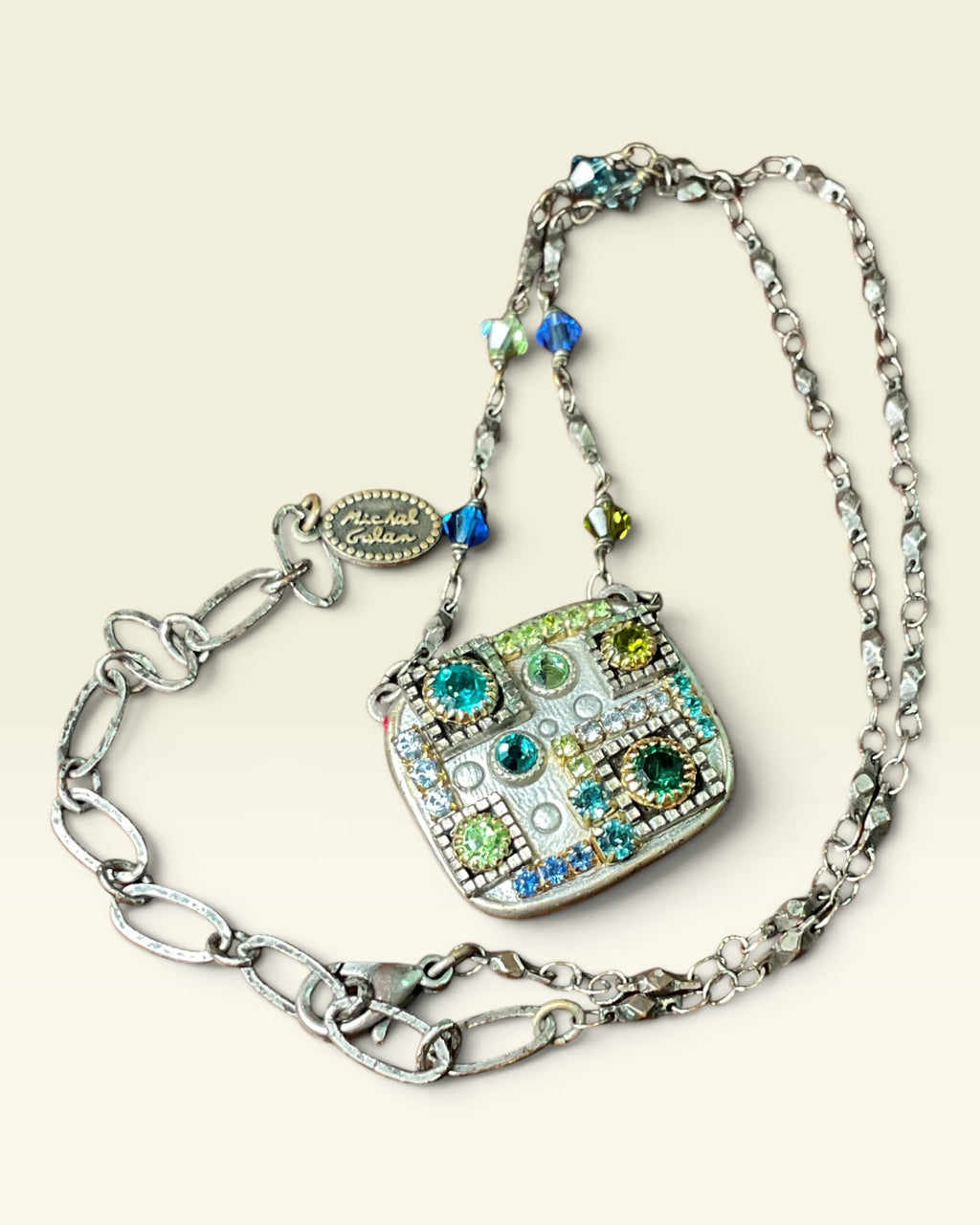 Michal Golan Design on Silver Tone Featuring a Multi-Color Mosaic Pendant - Estate Sale (Great Condition)