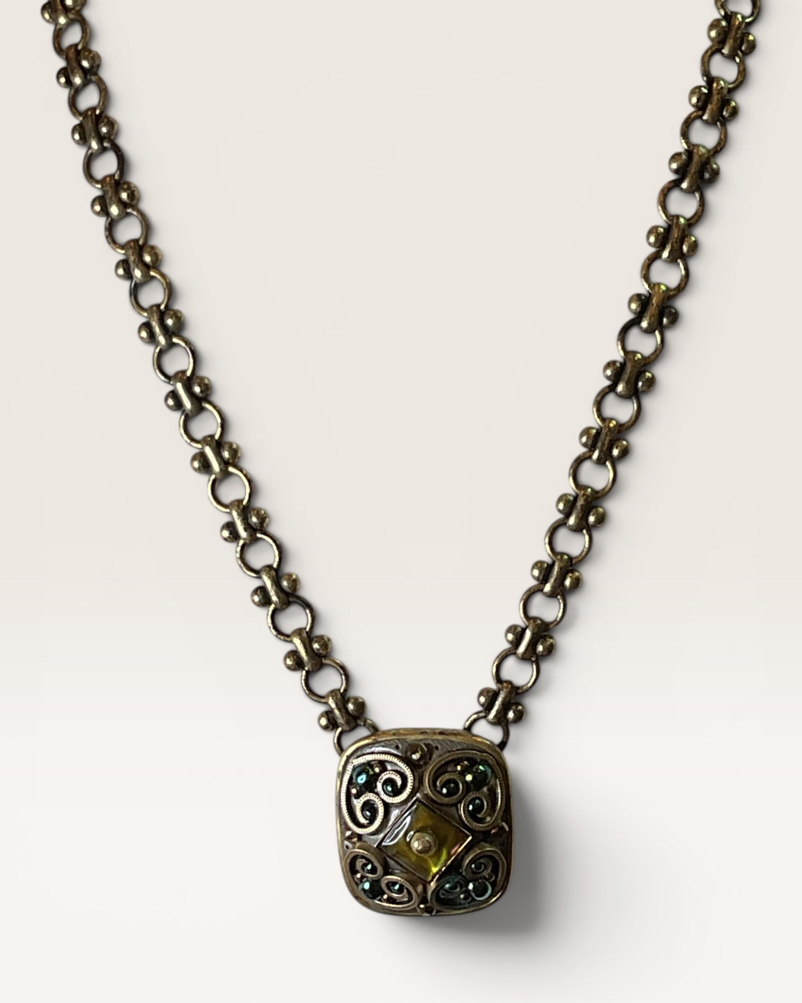 Michal Golan Rectangular Filigree Pendant on a Heavy Brass Chain Signed - Estate Sale (Great Condition)