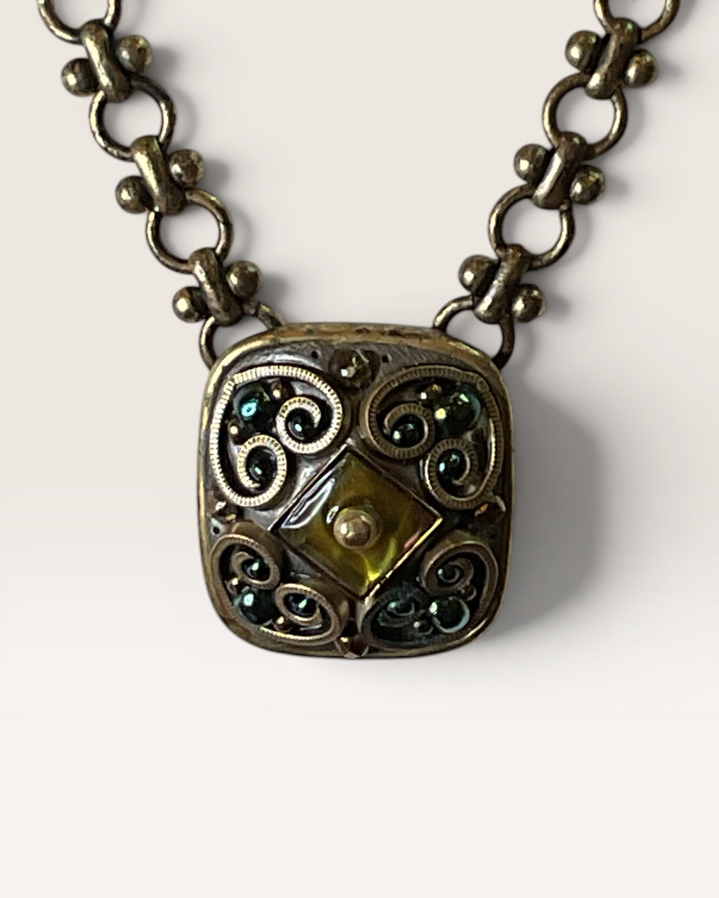 Michal Golan Rectangular Filigree Pendant on a Heavy Brass Chain Signed - Estate Sale (Great Condition)