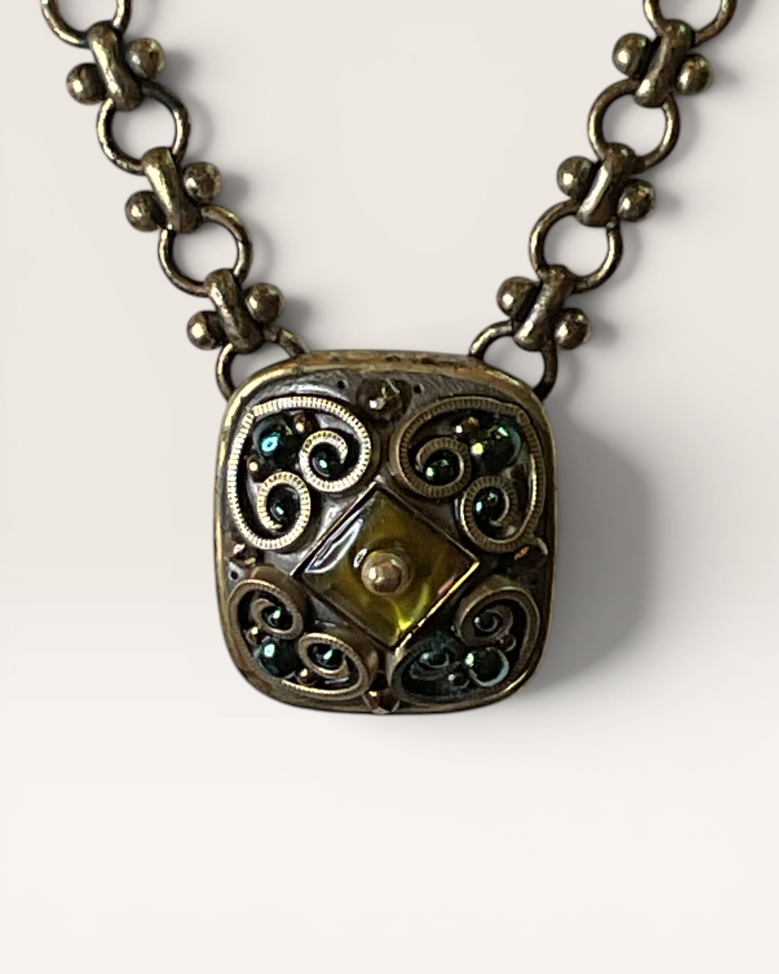 Michal Golan Rectangular Filigree Pendant on a Heavy Brass Chain Signed - Estate Sale (Great Condition)