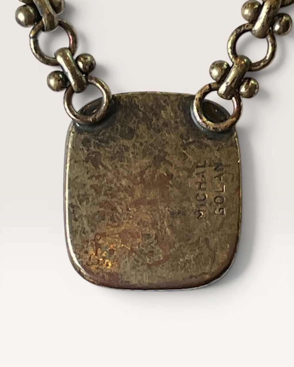 Michal Golan Rectangular Filigree Pendant on a Heavy Brass Chain Signed - Estate Sale (Great Condition)