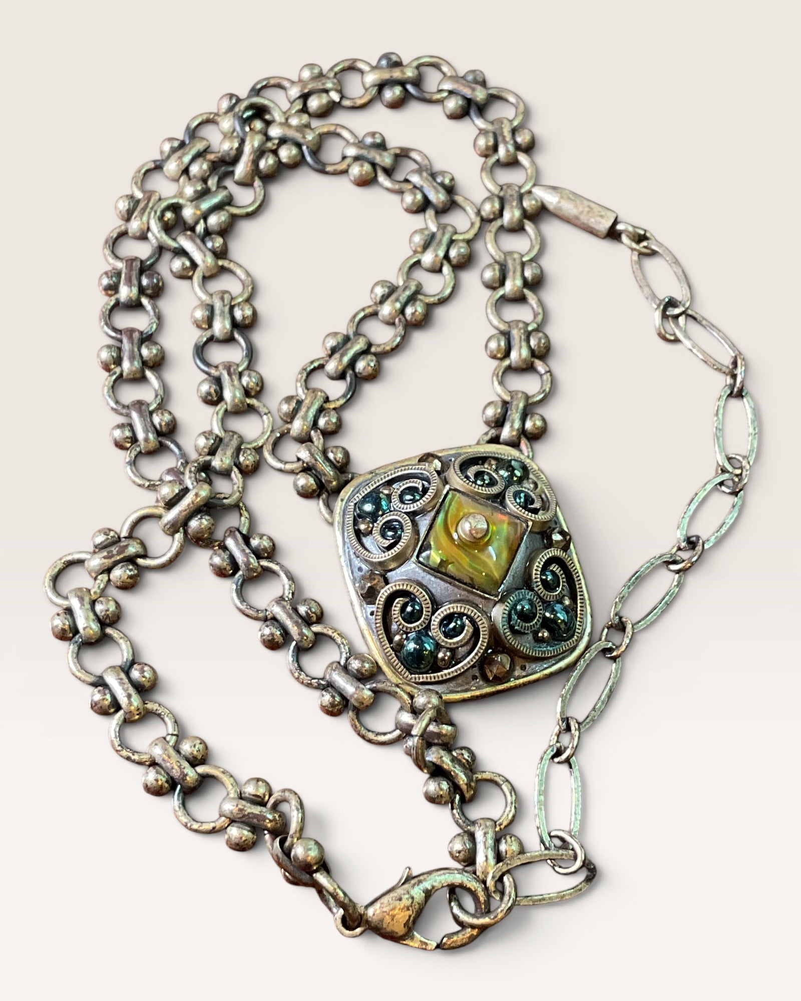 Michal Golan Rectangular Filigree Pendant on a Heavy Brass Chain Signed - Estate Sale (Great Condition)