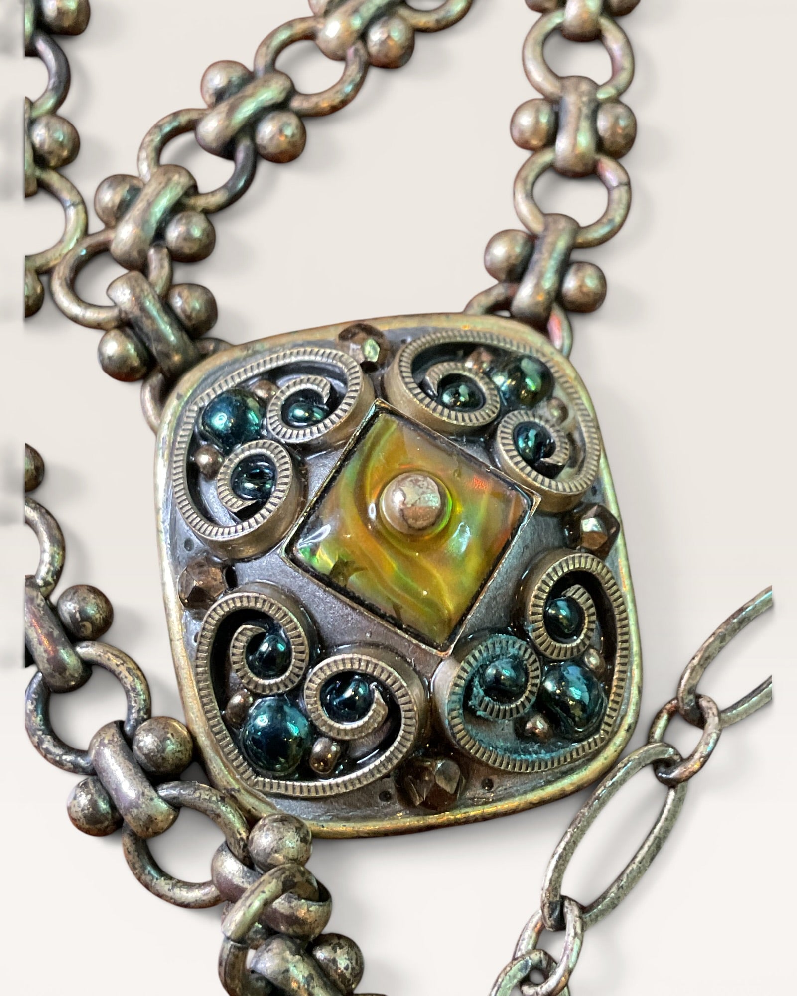 Michal Golan Rectangular Filigree Pendant on a Heavy Brass Chain Signed - Estate Sale (Great Condition)
