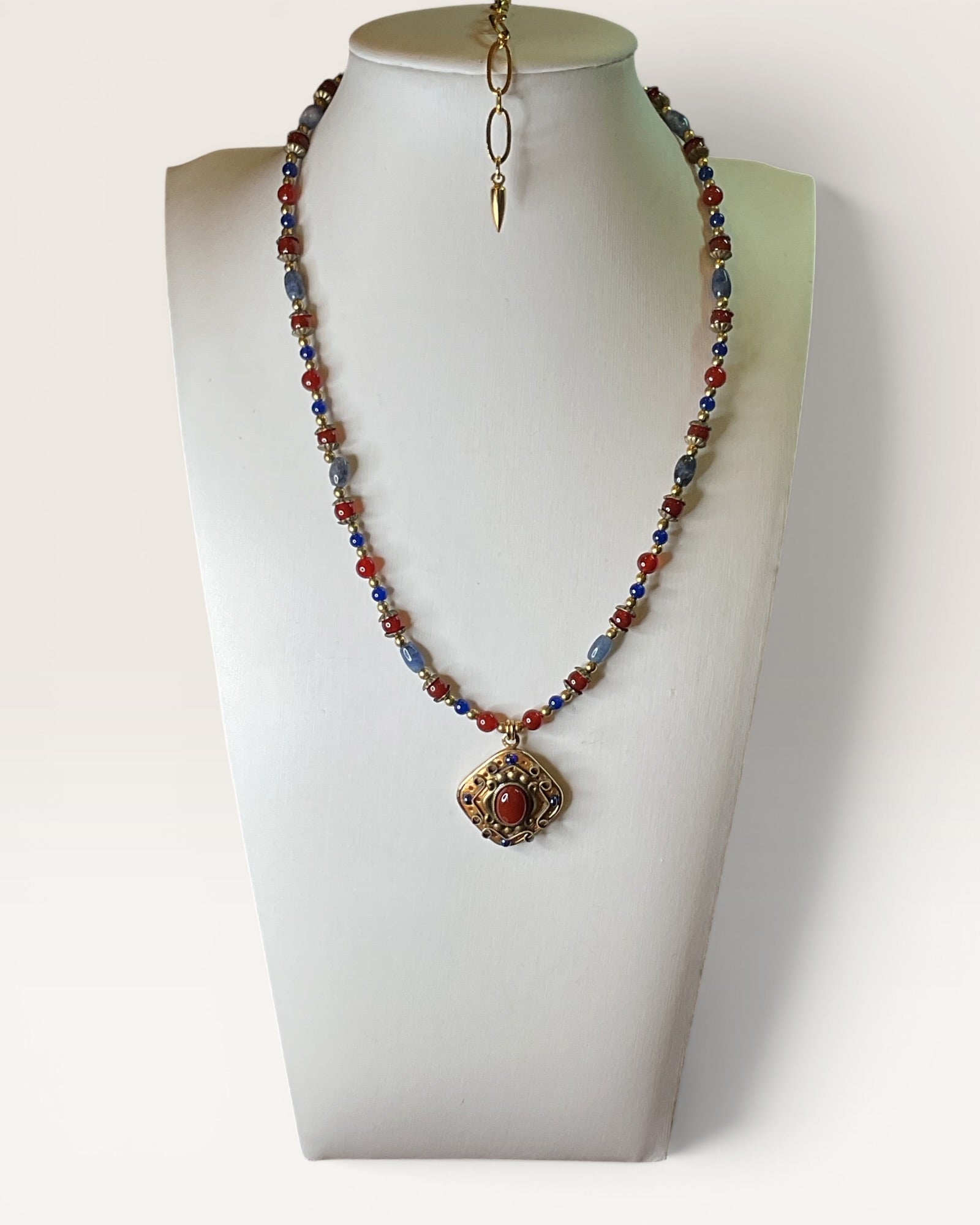 Michal Golan Beaded Pendant Necklace Featuring Multi-Colored Beads in Lapis and Carnelian 24K Gold Over Brass - Estate Sale (Great Condition)