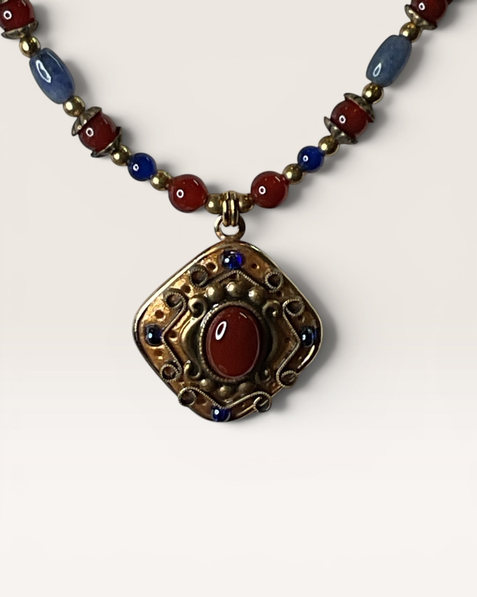 Michal Golan Beaded Pendant Necklace Featuring Multi-Colored Beads in Lapis and Carnelian 24K Gold Over Brass - Estate Sale (Great Condition)