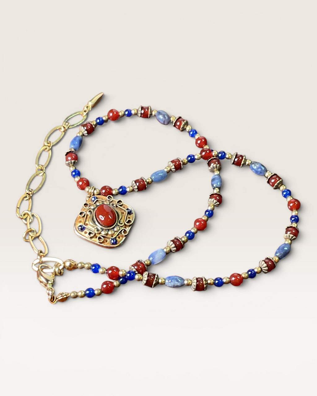 Michal Golan Beaded Pendant Necklace Featuring Multi-Colored Beads in Lapis and Carnelian 24K Gold Over Brass - Estate Sale (Great Condition)