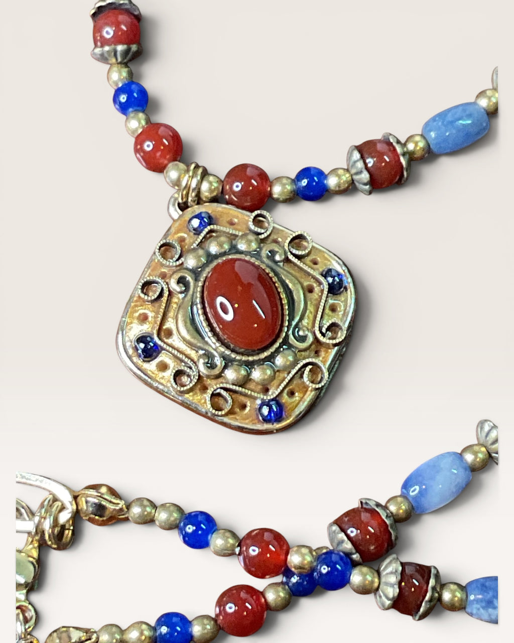 Michal Golan Beaded Pendant Necklace Featuring Multi-Colored Beads in Lapis and Carnelian 24K Gold Over Brass - Estate Sale (Great Condition)