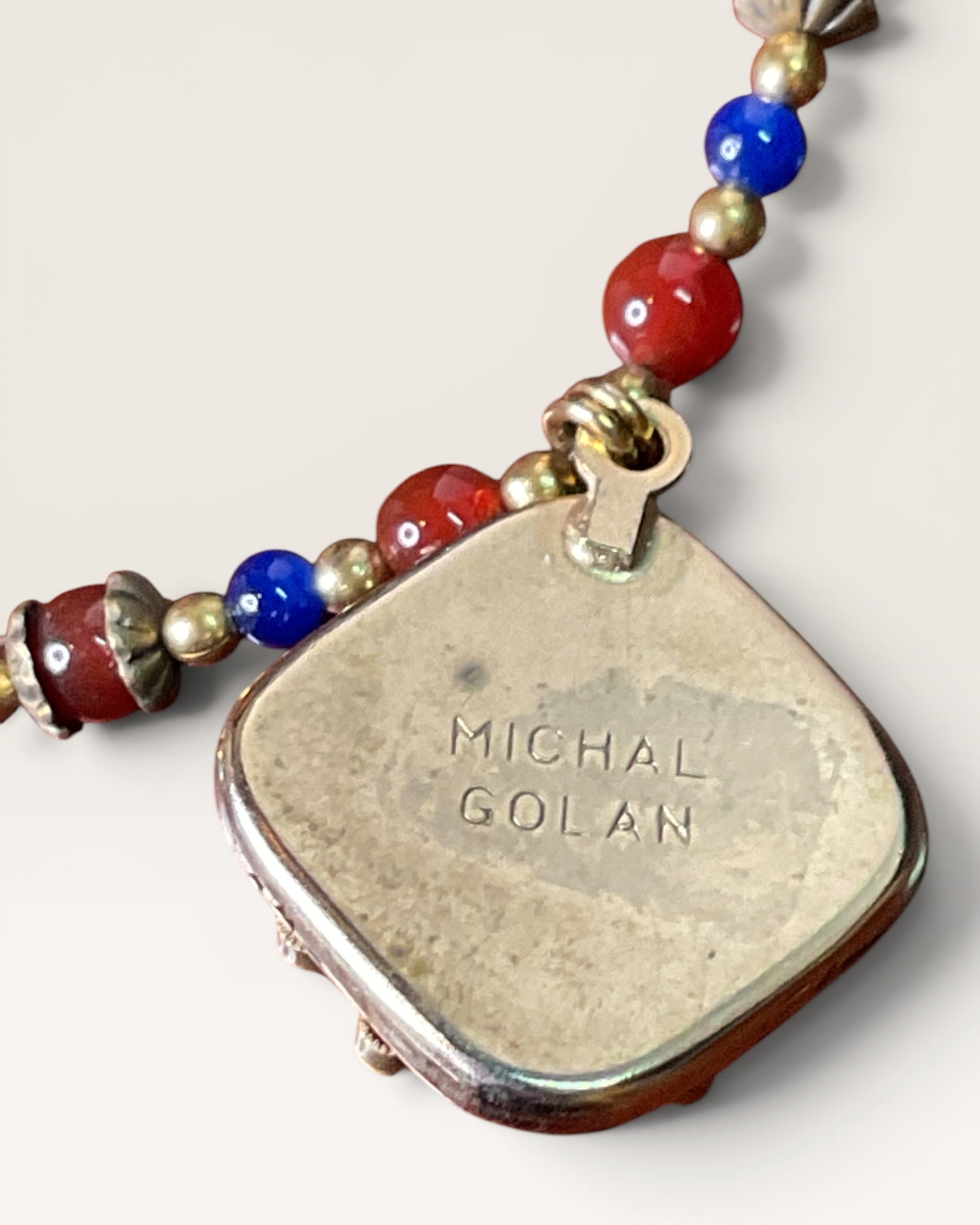 Michal Golan Beaded Pendant Necklace Featuring Multi-Colored Beads in Lapis and Carnelian 24K Gold Over Brass - Estate Sale (Great Condition)