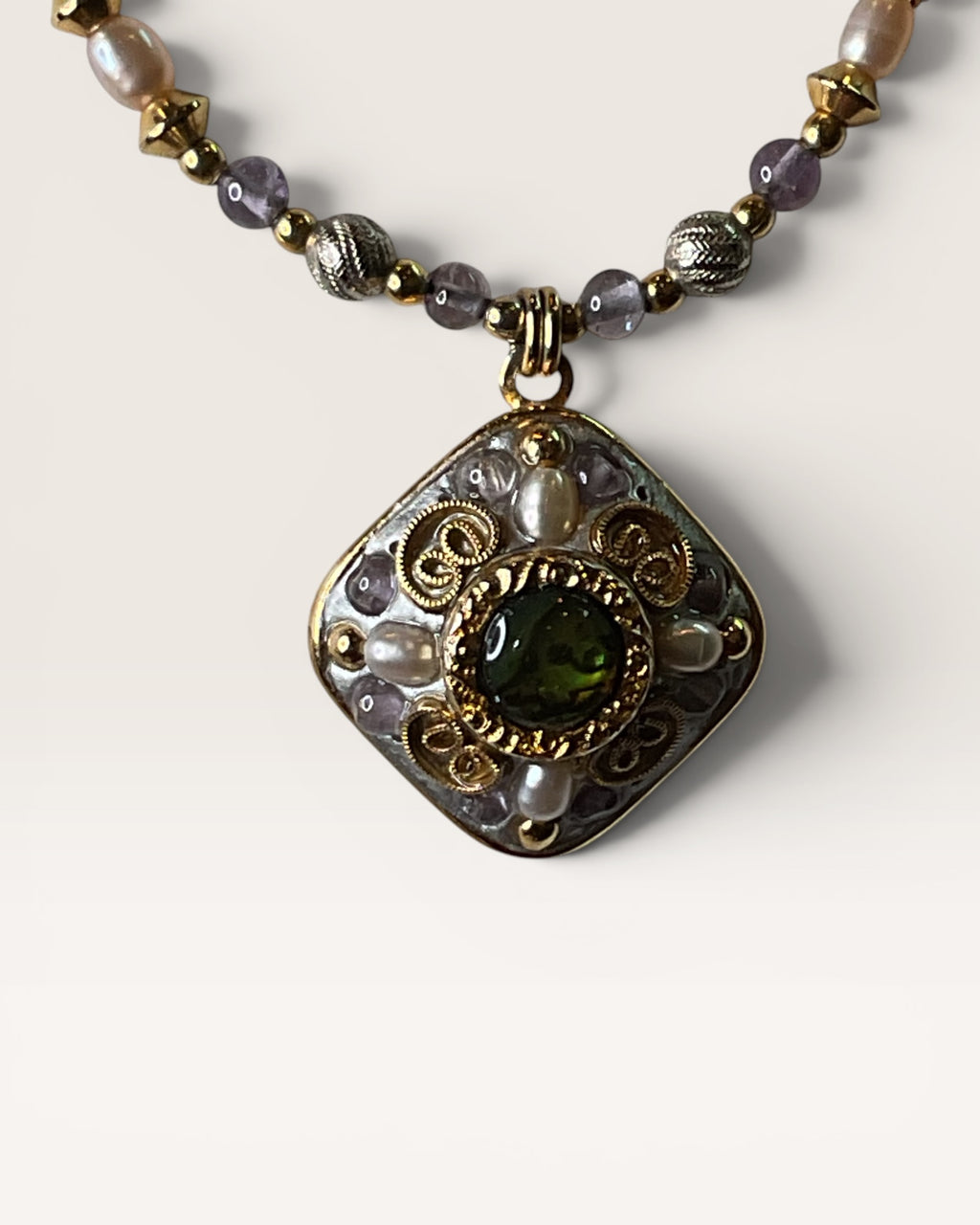 Michal Golan Amethyst Square Necklace features a 24K Gold Over Brass with Freshwater Pearls and Amethyst Beads, 16-18" - Estate Sale (Great Condition)