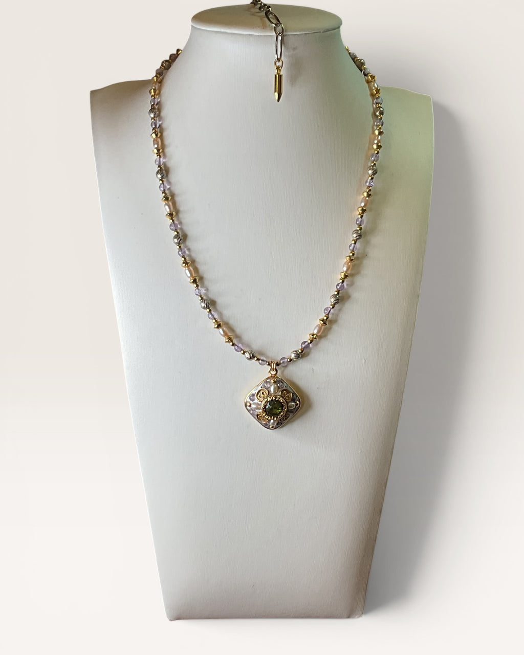 Michal Golan Amethyst Square Necklace features a 24K Gold Over Brass with Freshwater Pearls and Amethyst Beads, 16-18" - Estate Sale (Great Condition)