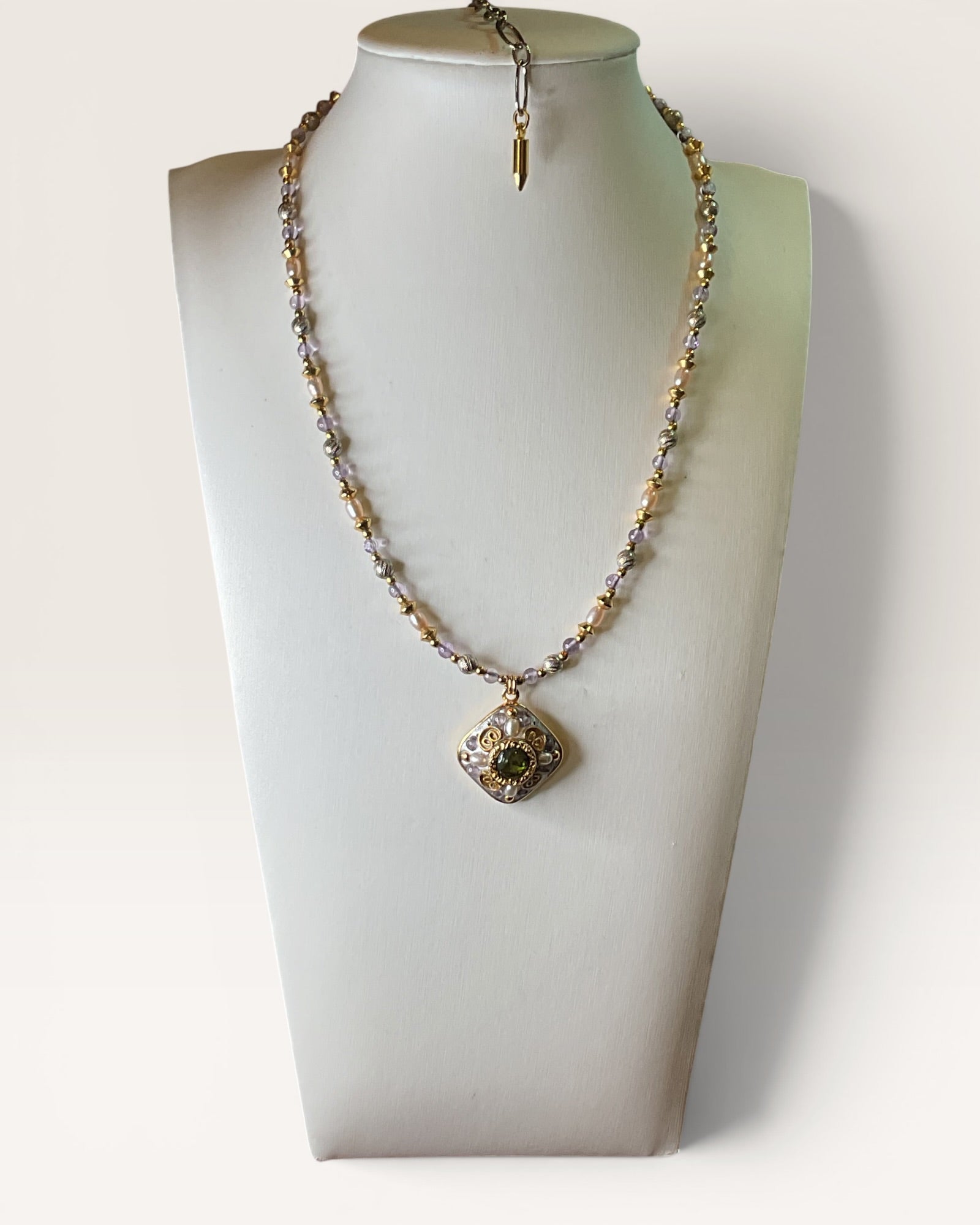 Michal Golan Amethyst Square Necklace features a 24K Gold Over Brass with Freshwater Pearls and Amethyst Beads, 16-18" - Estate Sale (Great Condition)