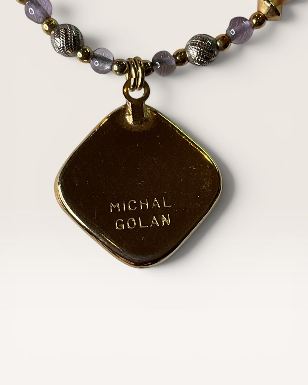 Michal Golan Amethyst Square Necklace features a 24K Gold Over Brass with Freshwater Pearls and Amethyst Beads, 16-18" - Estate Sale (Great Condition)