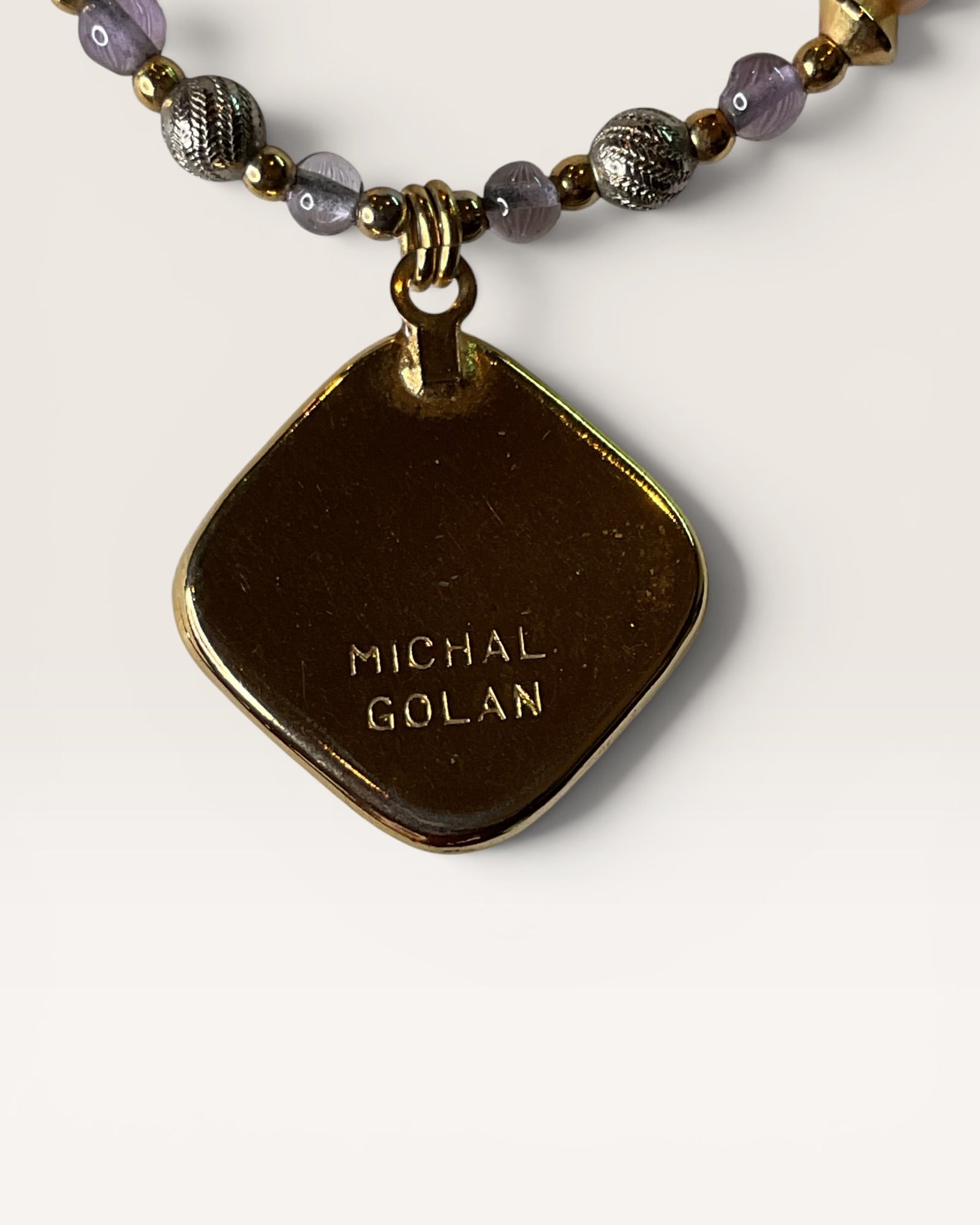Michal Golan Amethyst Square Necklace features a 24K Gold Over Brass with Freshwater Pearls and Amethyst Beads, 16-18" - Estate Sale (Great Condition)