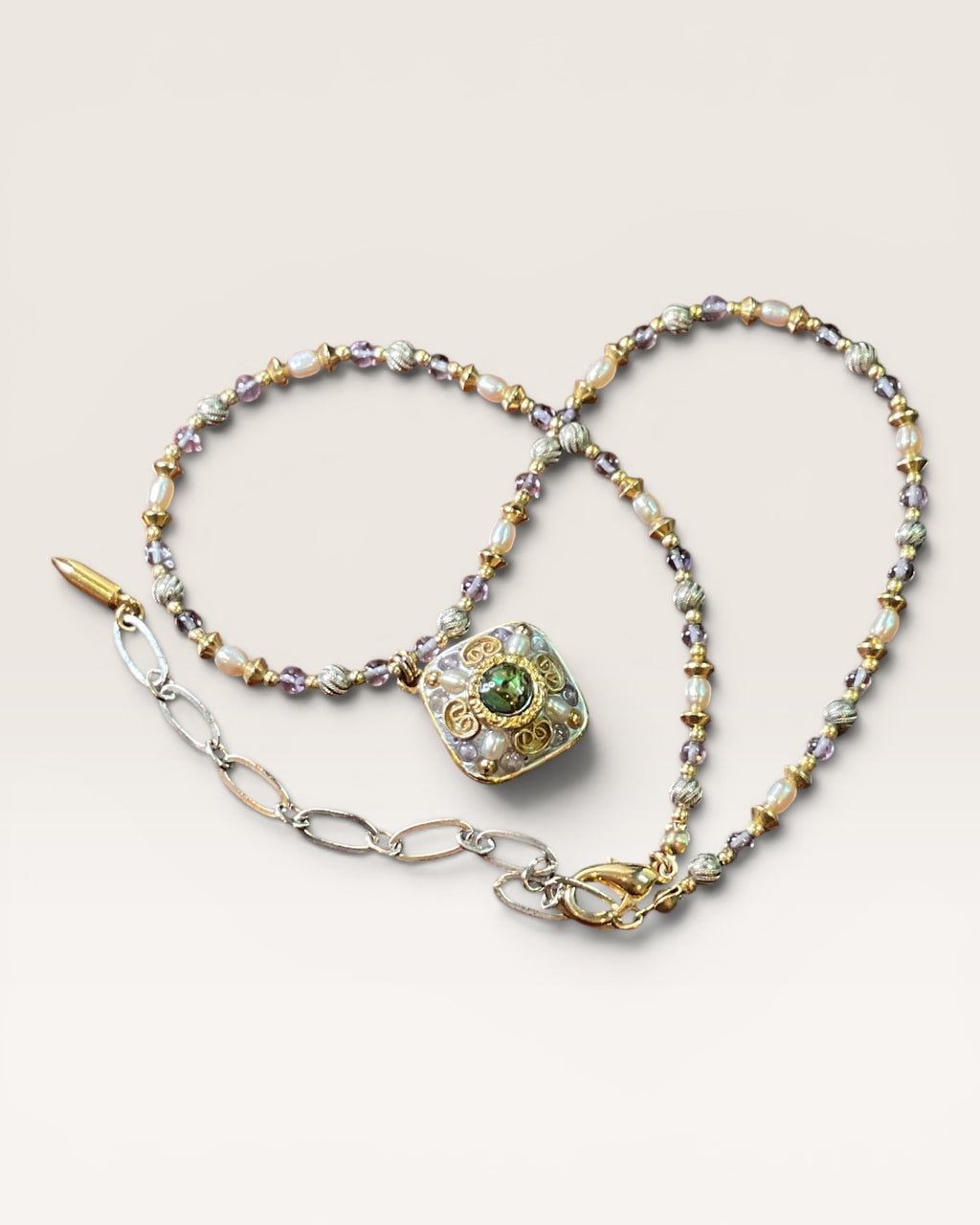 Michal Golan Amethyst Square Necklace features a 24K Gold Over Brass with Freshwater Pearls and Amethyst Beads, 16-18" - Estate Sale (Great Condition)