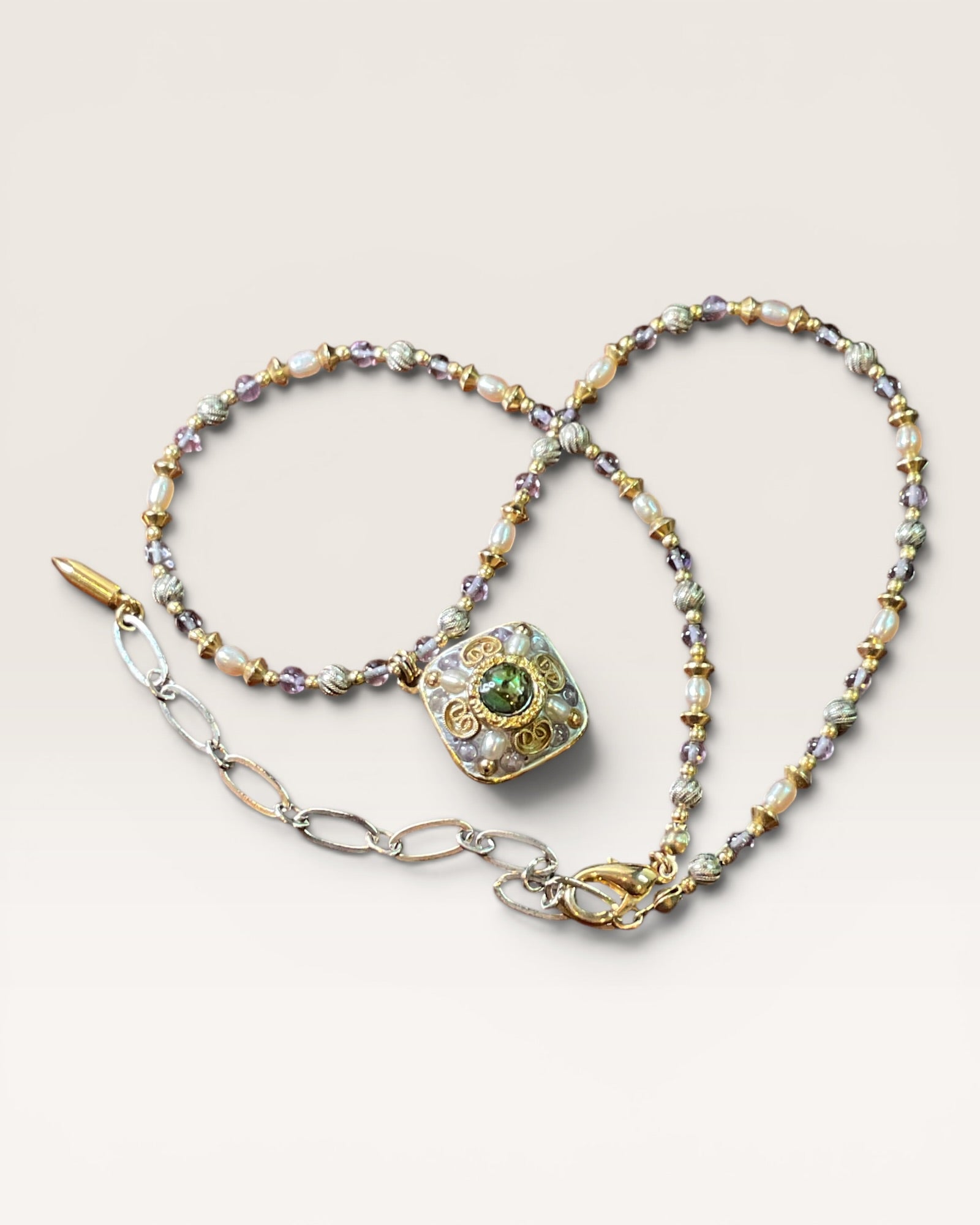 Michal Golan Amethyst Square Necklace features a 24K Gold Over Brass with Freshwater Pearls and Amethyst Beads, 16-18" - Estate Sale (Great Condition)