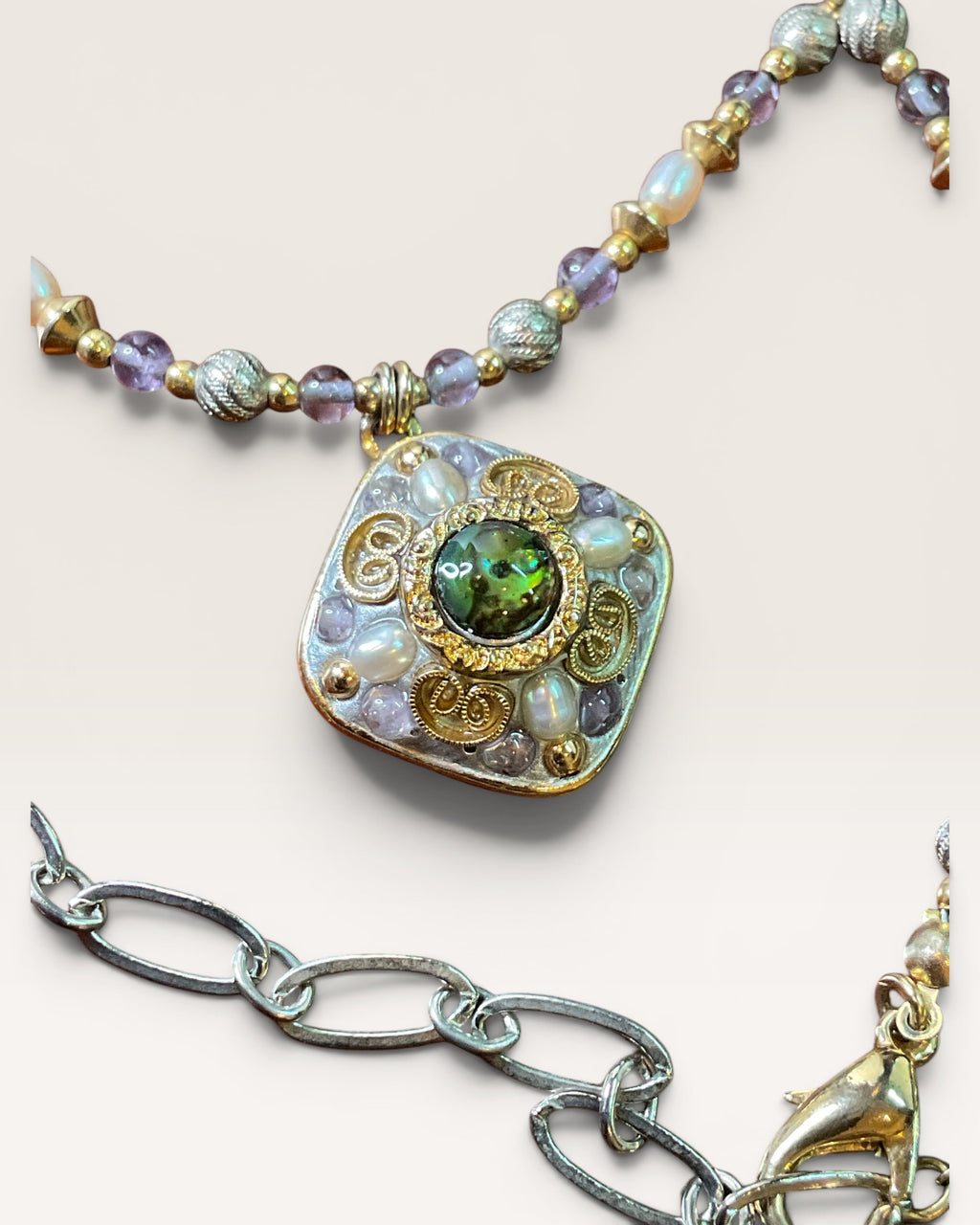 Michal Golan Amethyst Square Necklace features a 24K Gold Over Brass with Freshwater Pearls and Amethyst Beads, 16-18" - Estate Sale (Great Condition)