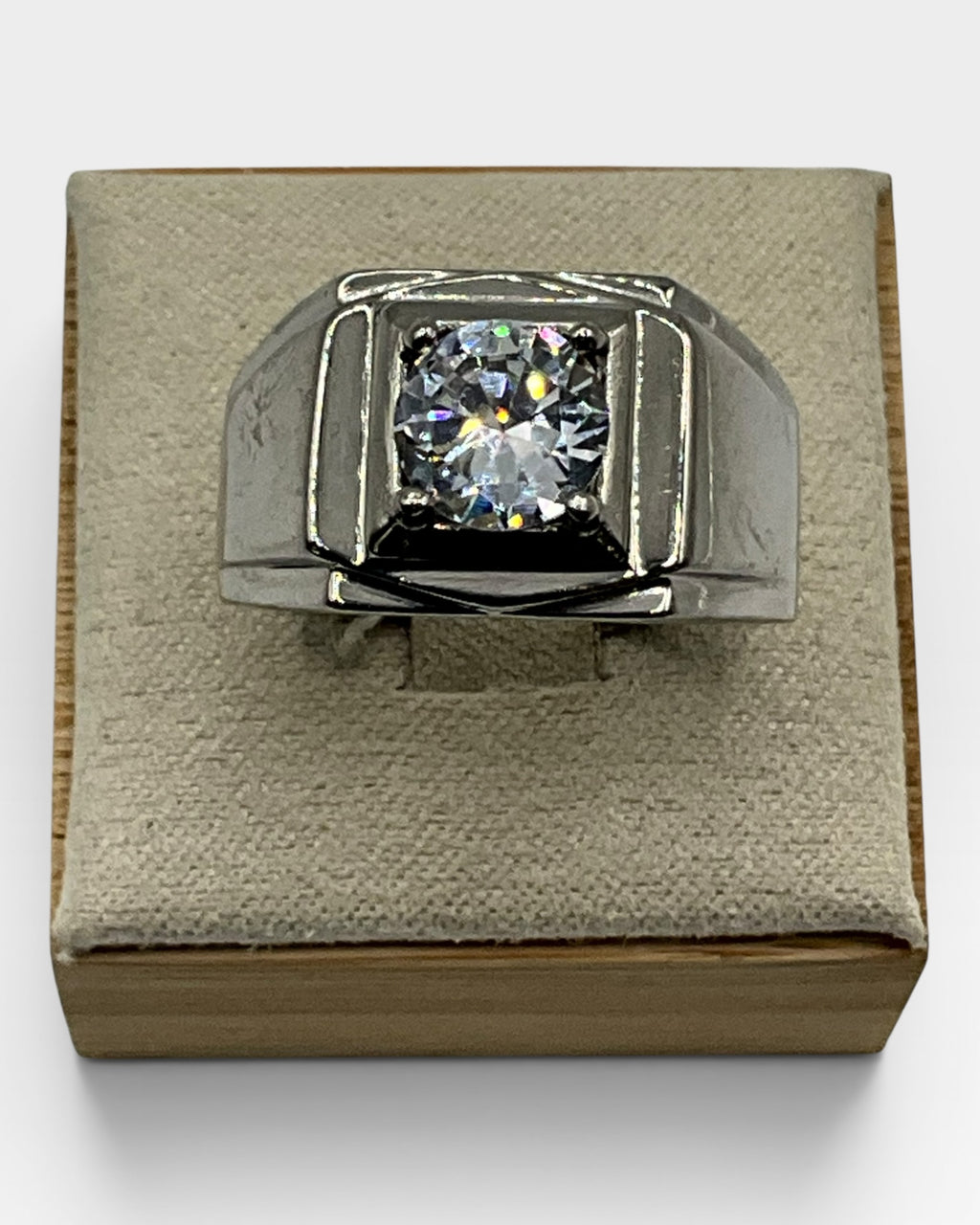 Stainless Steel  Large CZ Center Bold Signet Style Ring - Estate Sale (Great Condition)