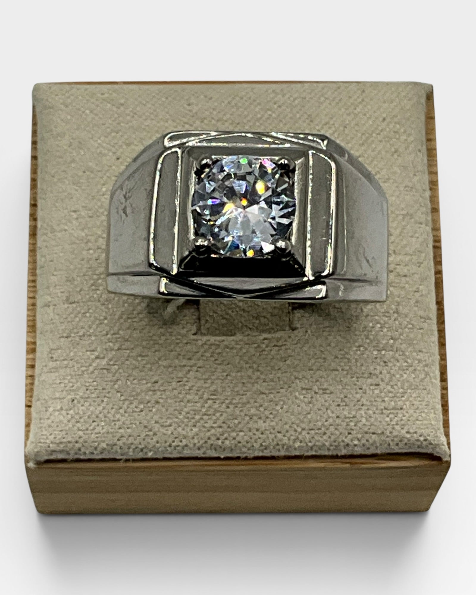 Stainless Steel  Large CZ Center Bold Signet Style Ring - Estate Sale (Great Condition)
