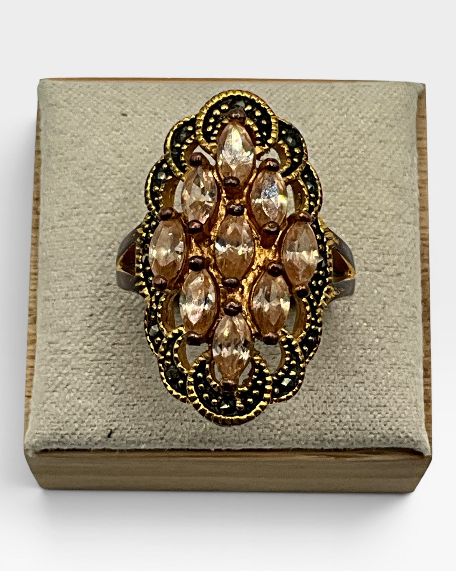 Champagne CZ Marcasite Cocktail Ring - Estate Sale (Great Condition)