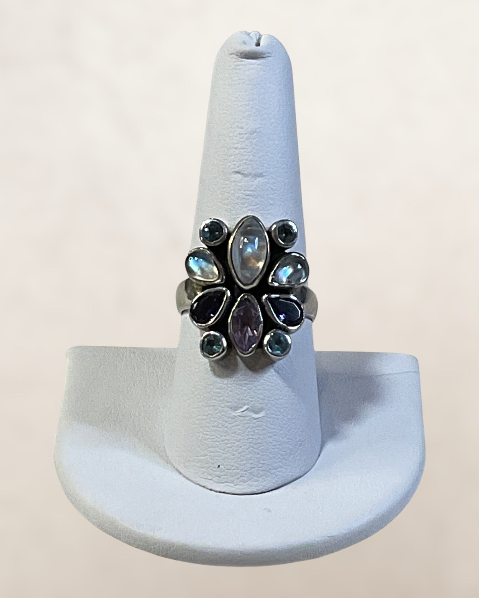 Arya Sterling Silver Gemstone Ring with Moonstone, Blue Topaz, & Amethyst Ring