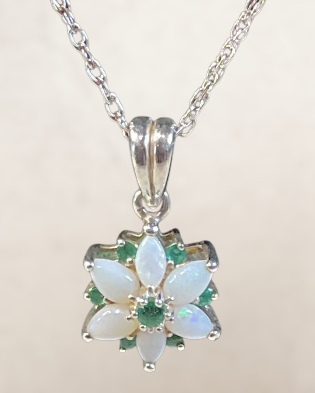 Sterling Silver Emerald and Opal Pendant Necklace - Estate Sale (Great Condition)