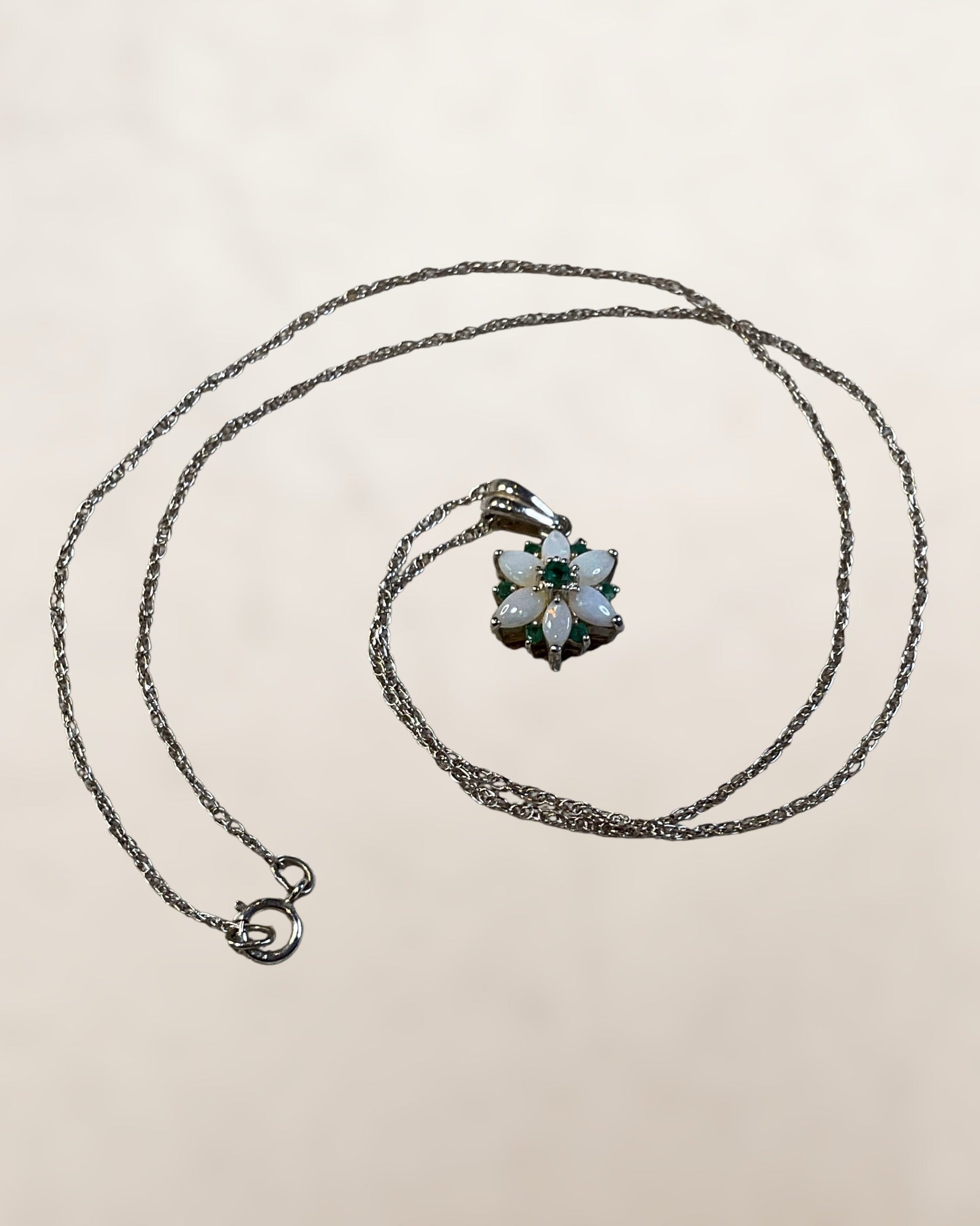 Sterling Silver Emerald and Opal Pendant Necklace - Estate Sale (Great Condition)