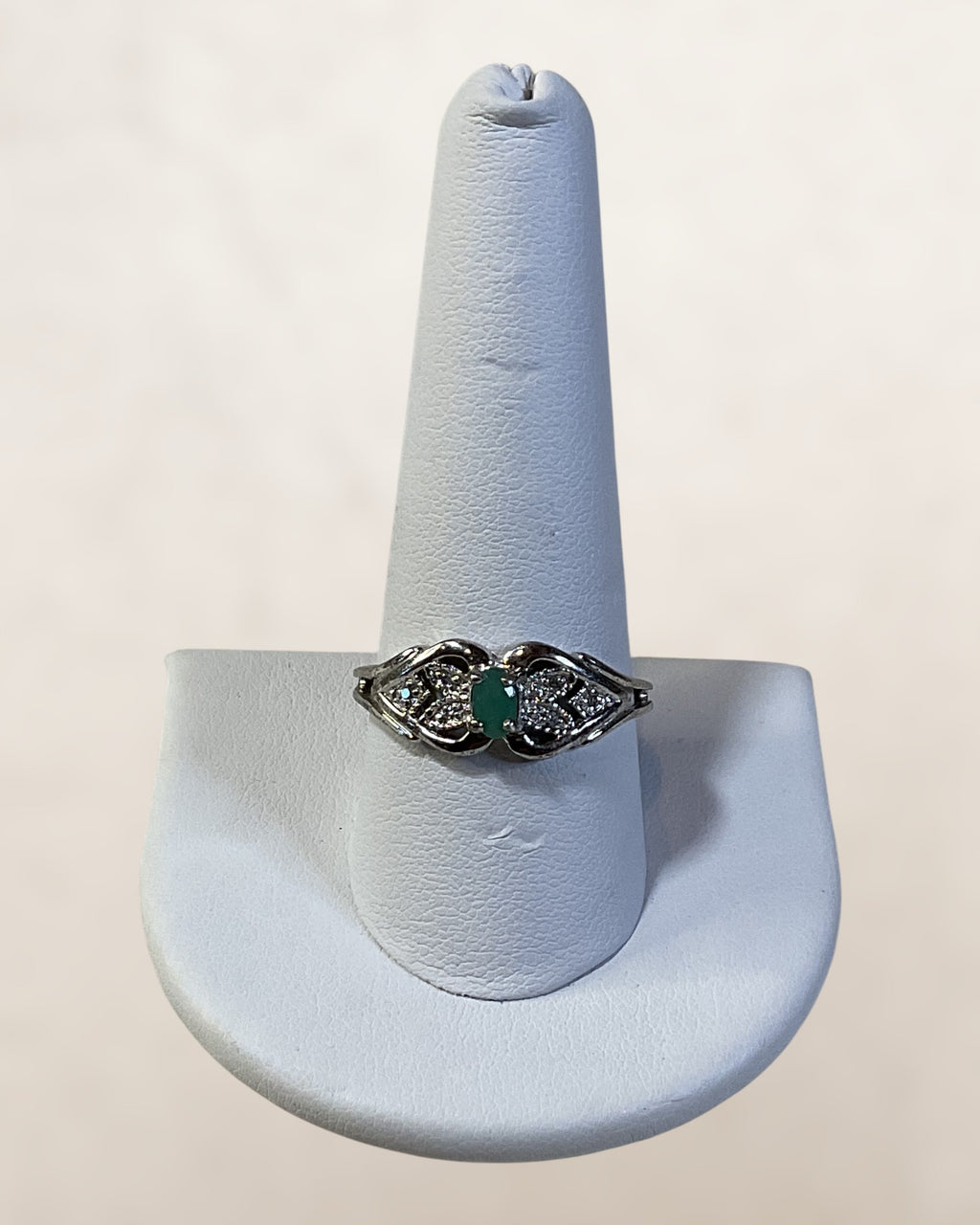 Sterling Silver Natural Emerald & Diamond Ring - Estate Sale (Great Condition)