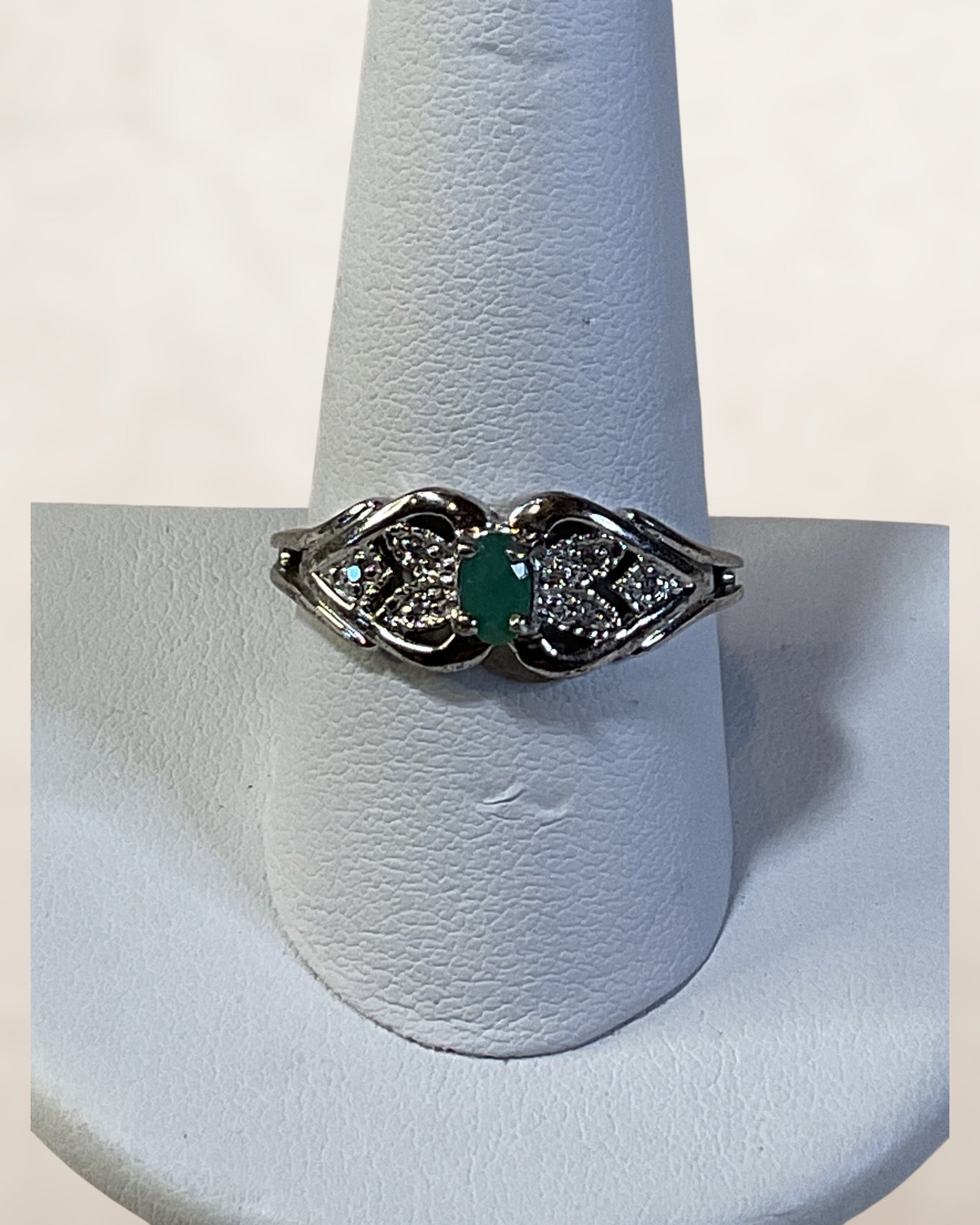 Sterling Silver Natural Emerald & Diamond Ring - Estate Sale (Great Condition)