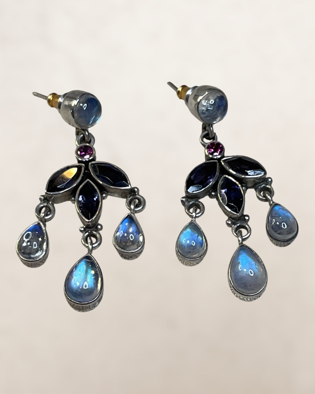 Nicky Butler Sterling Silver with Iolite, Raspberry Garnet & Moonstone Gemstone Earrings - Estate Sale (Great Condition)