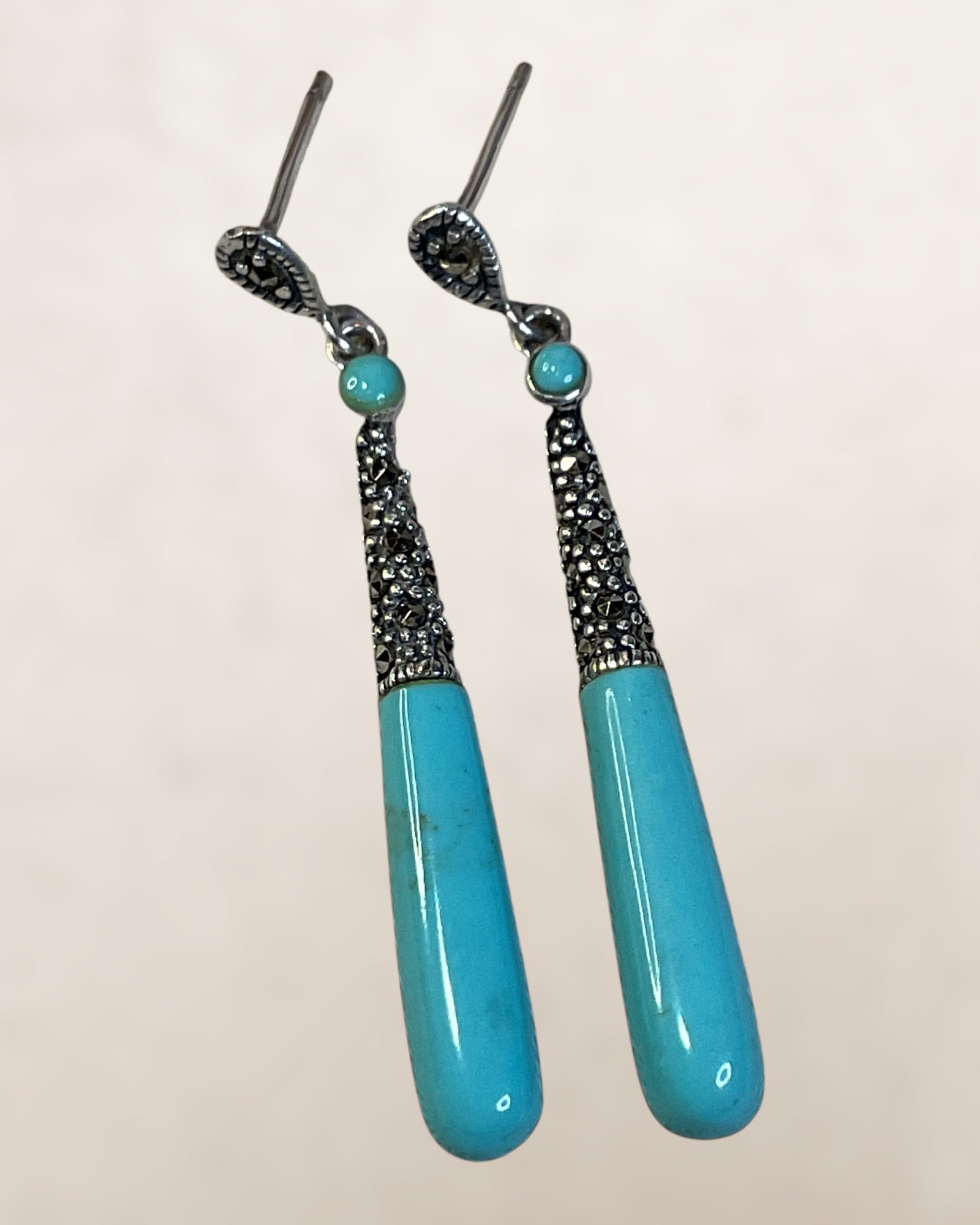 Sterling Silver Turquoise & Marcasite Dangle Earrings - Estate Sale (Great Condition)