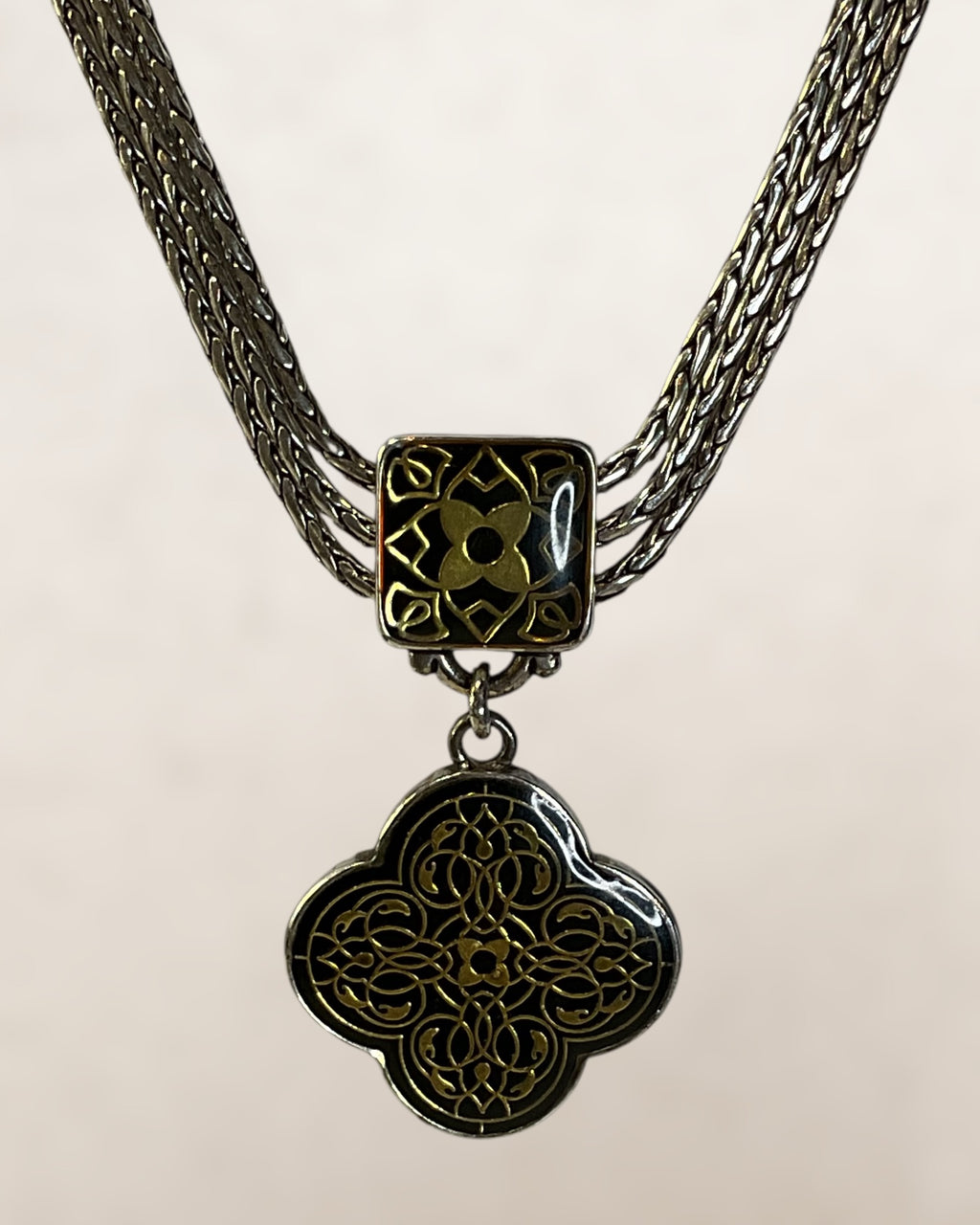 Brighton Silver Plate Black Gold Resin Flower Multi Strand Necklace - Estate Sale (Great Condition)
