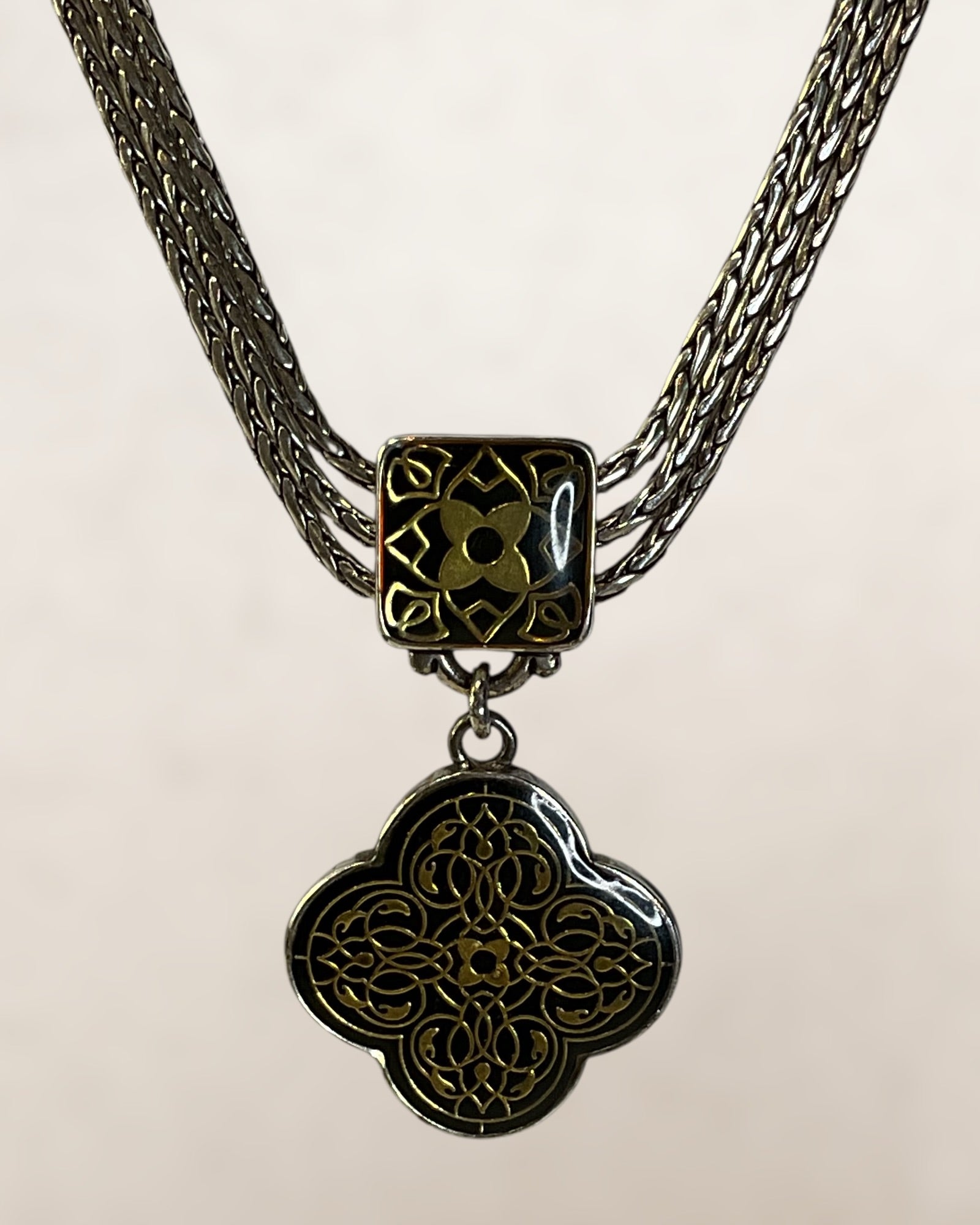 Brighton Silver Plate Black Gold Resin Flower Multi Strand Necklace - Estate Sale (Great Condition)