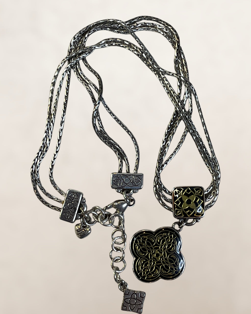 Brighton Silver Plate Black Gold Resin Flower Multi Strand Necklace - Estate Sale (Great Condition)