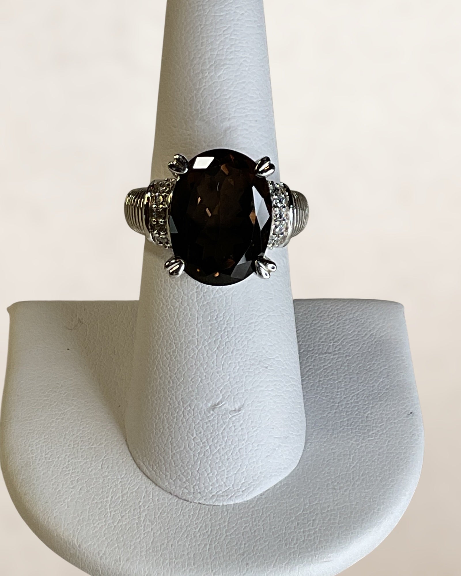 Judith Ripka 925 Sterling Silver Ring Smoky Topaz Stone Sz 6-1/2