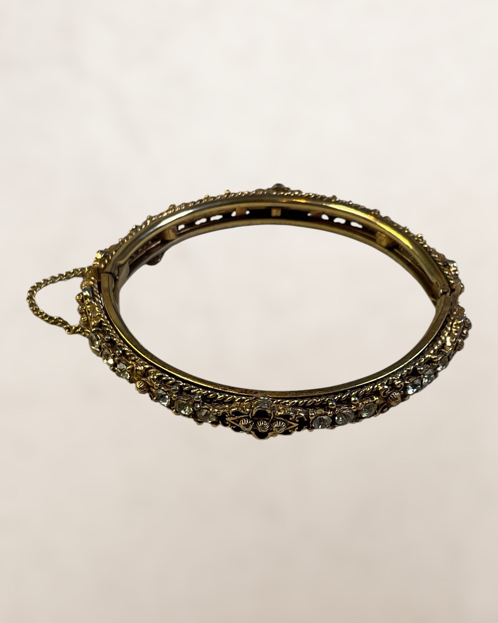 Vintage Florenza Gold Tone Costume Jewelry Bracelet Featuring Ornate, Textured Link Work Embedded with Clear or Light Rhinestones - Estate Sale (Great Condition)