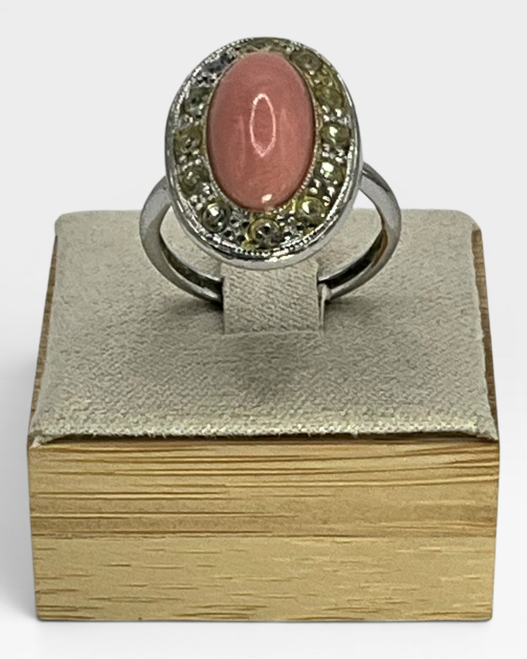Vintage 1974 Avon Silver Pale Fire Pink Coral with Rhinestones Ring - Estate Sale (Great Condition)