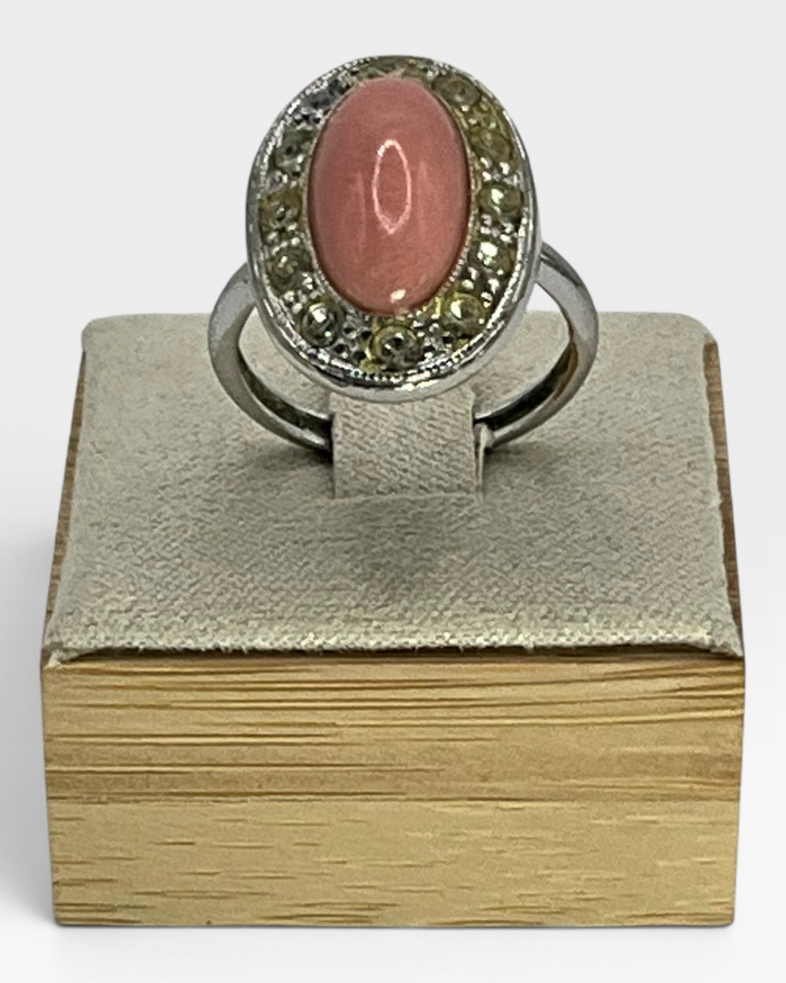 Vintage 1974 Avon Silver Pale Fire Pink Coral with Rhinestones Ring - Estate Sale (Great Condition)