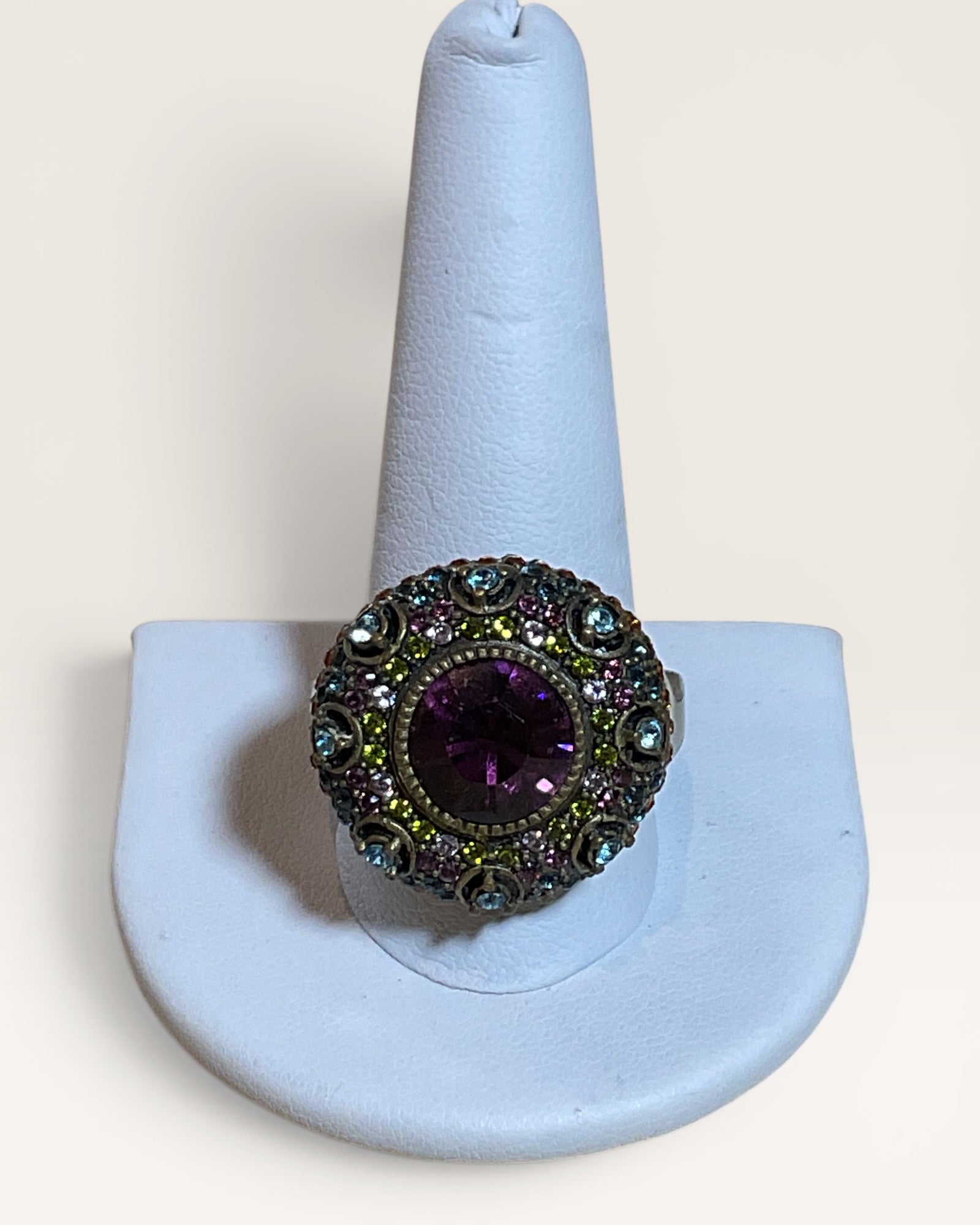 Large Heidi Daus Purple Amethyst & Aquamarine Blue Crystal Ring - Estate Sale (Great Condition)