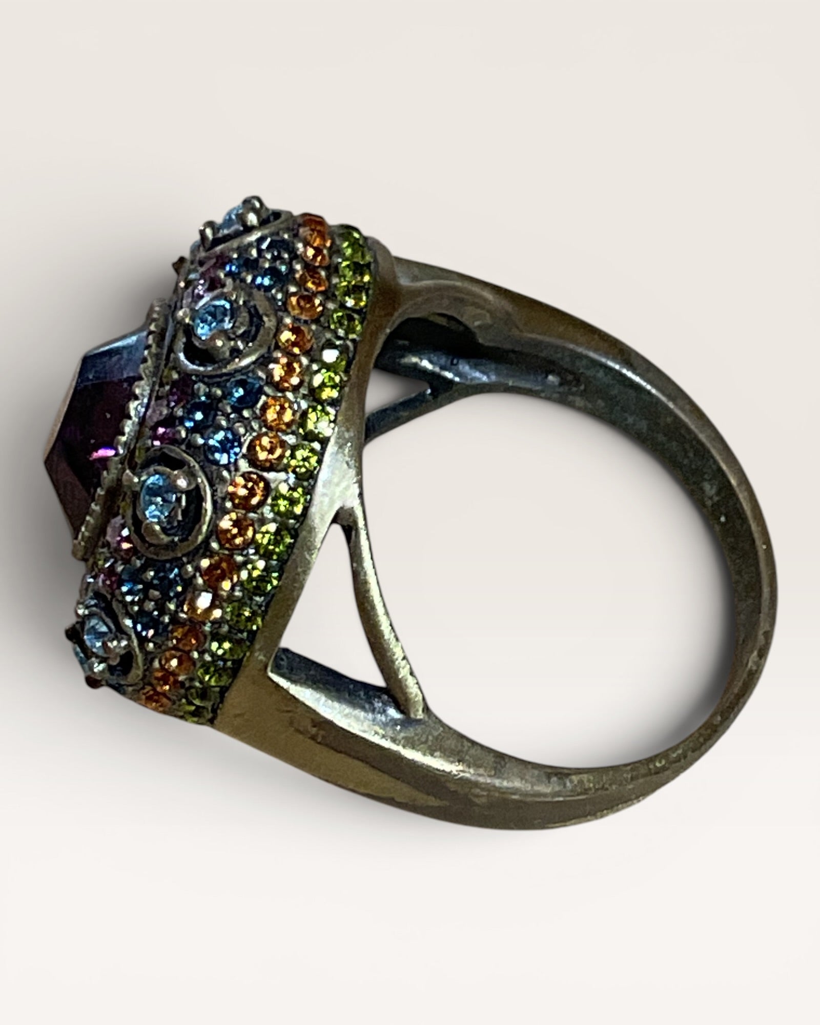 Large Heidi Daus Purple Amethyst & Aquamarine Blue Crystal Ring - Estate Sale (Great Condition)