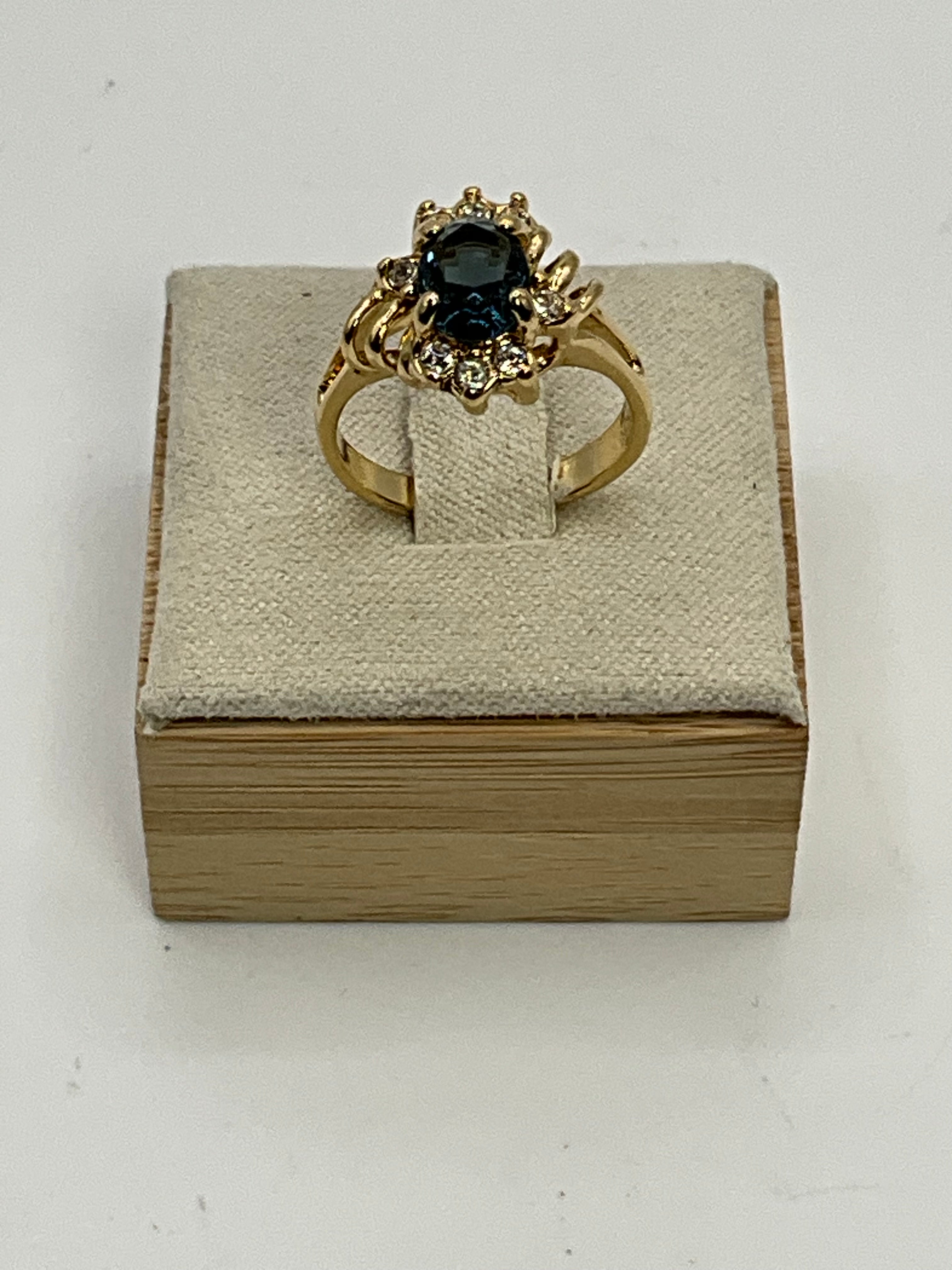 Gold Tone Blue Sapphire-Look Ring | Vintage Style Halo Ring - Estate Sale (Great Condition)