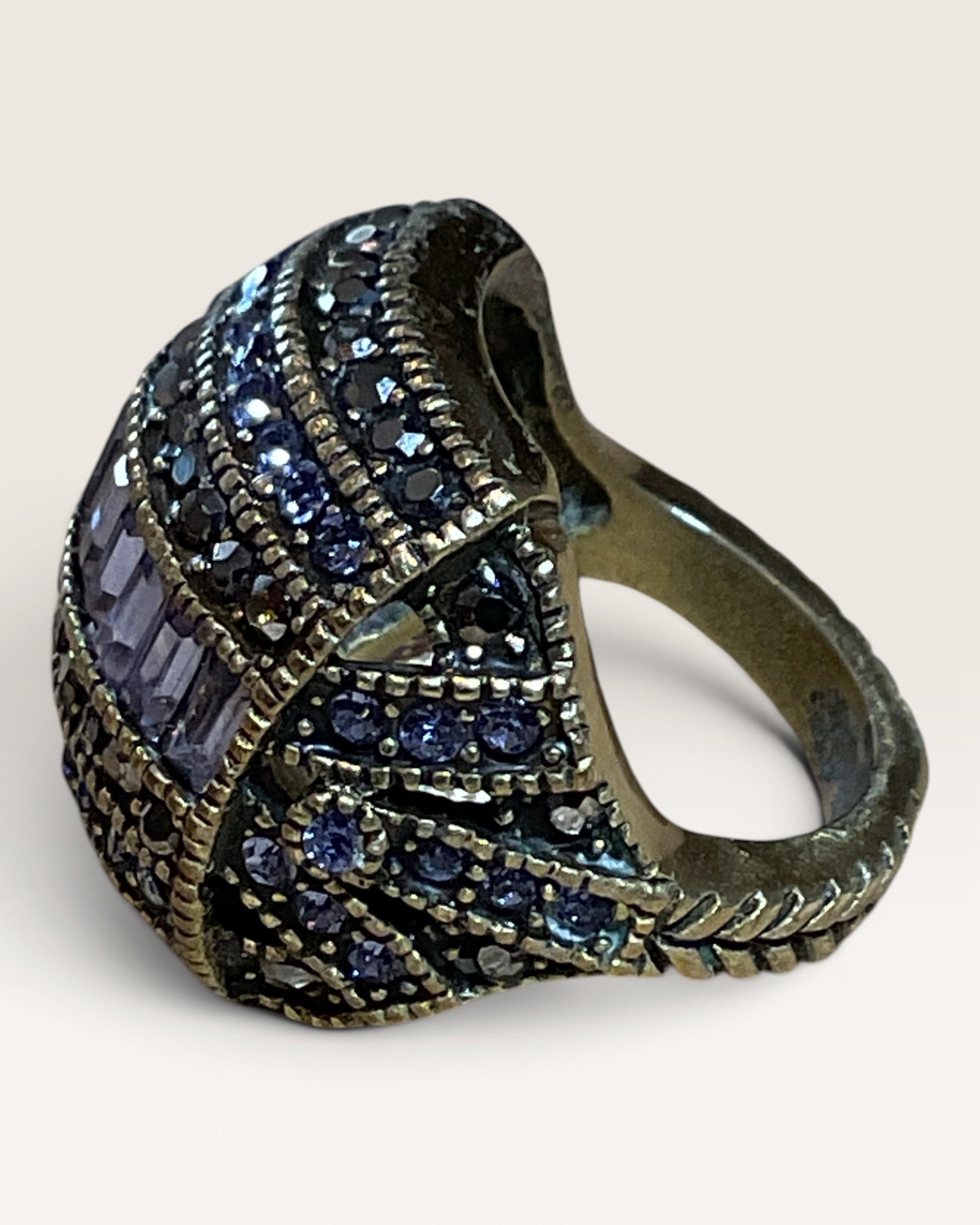 Heidi Daus Clear Baugettes & Tiny Rounds Full Pave Rows Cocktail Ring - Estate Sale (Great Condition)