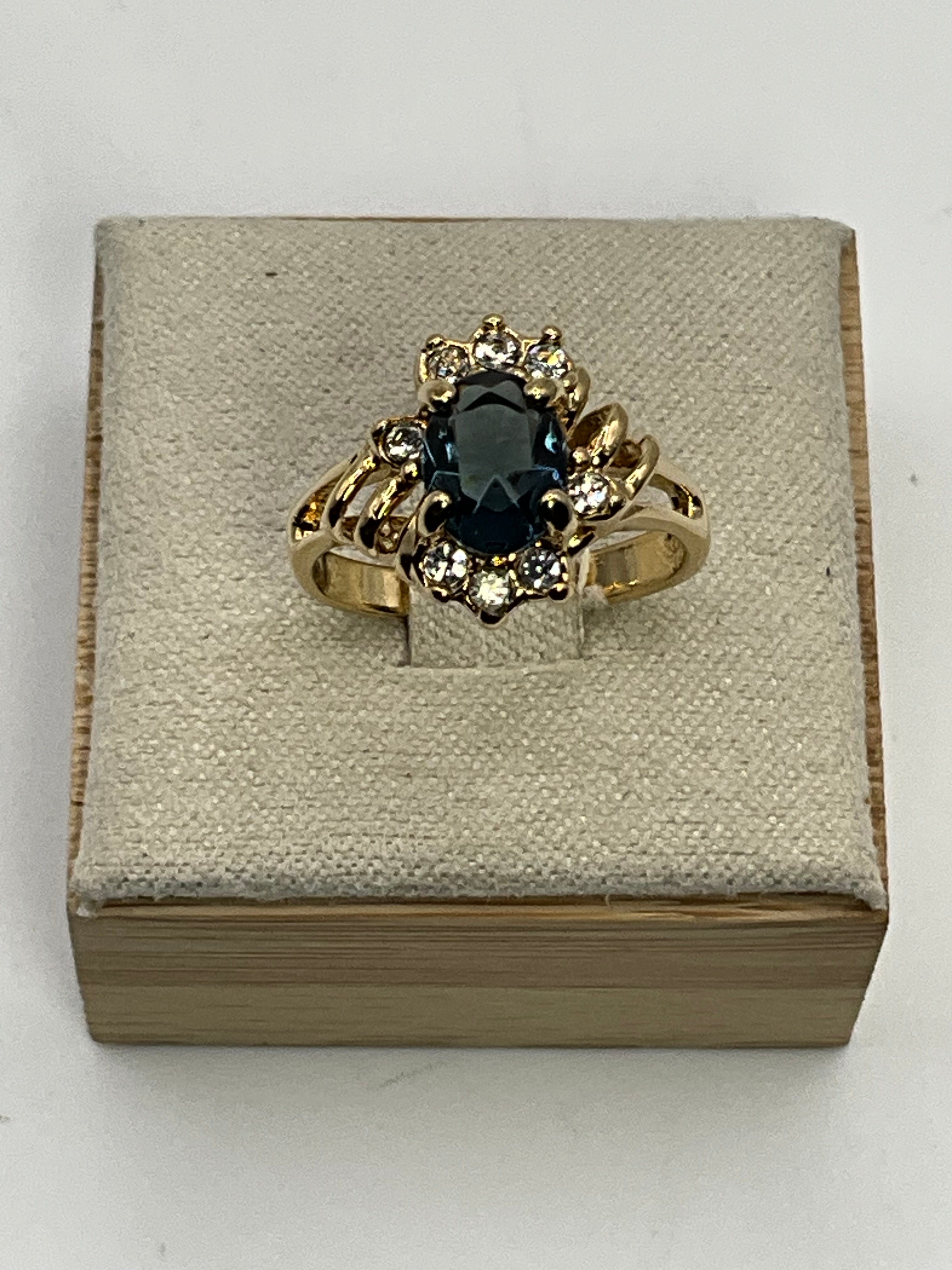 Gold Tone Blue Sapphire-Look Ring | Vintage Style Halo Ring - Estate Sale (Great Condition)