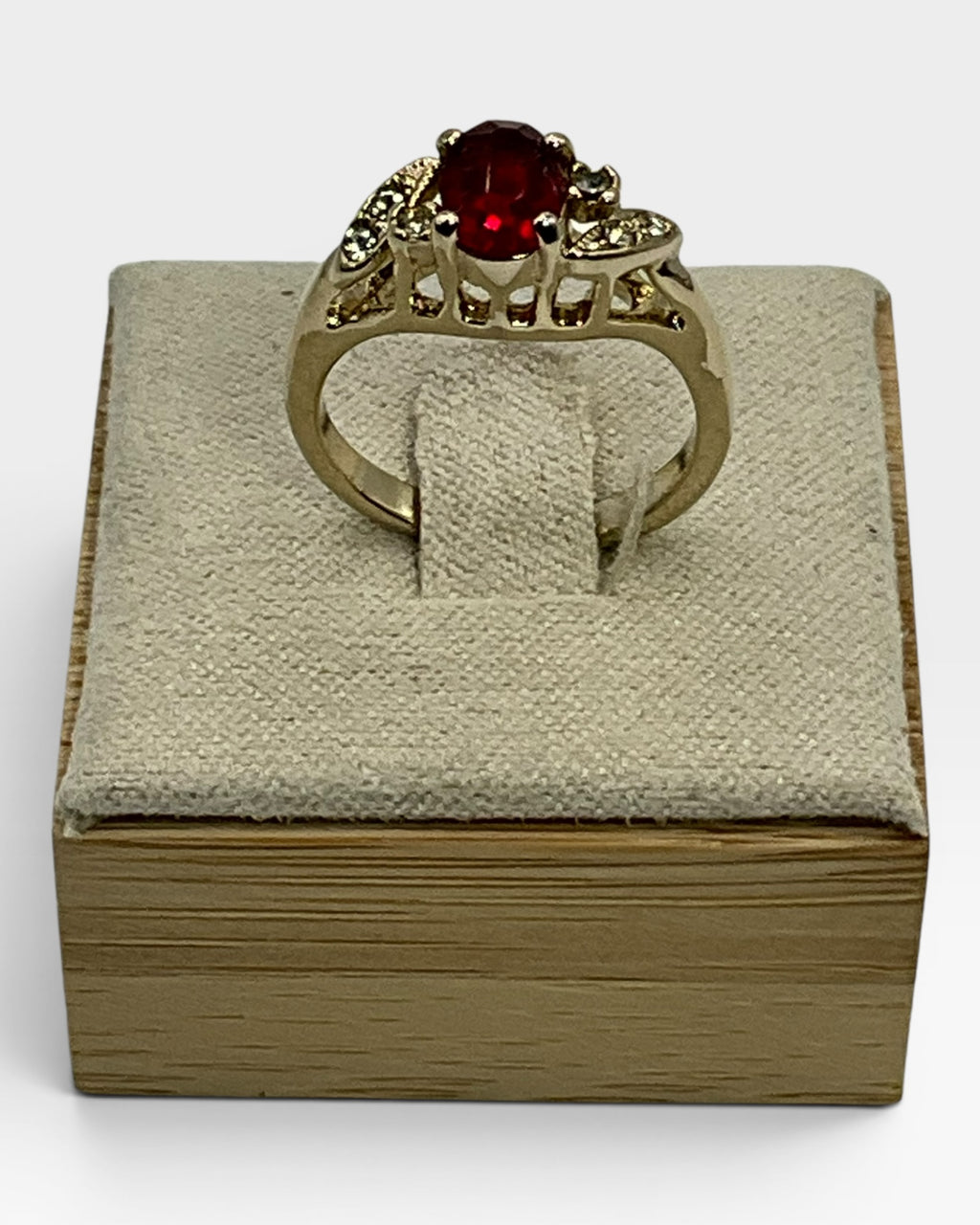Vintage Gold Tone Red CZ Bypass Ring | Dainty Ruby Look Statement Ring - Estate Sale (Great Condition)