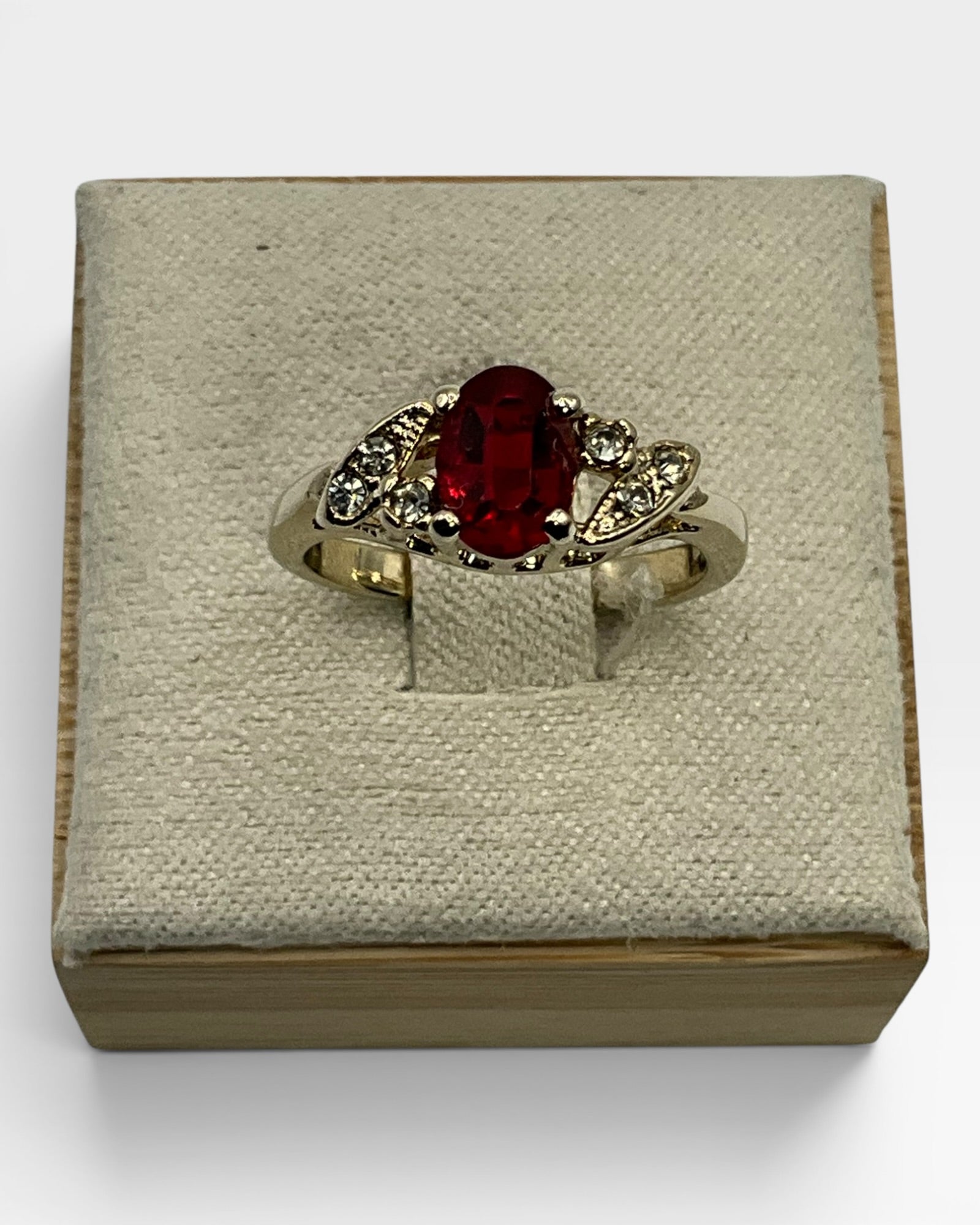 Vintage Gold Tone Red CZ Bypass Ring | Dainty Ruby Look Statement Ring - Estate Sale (Great Condition)