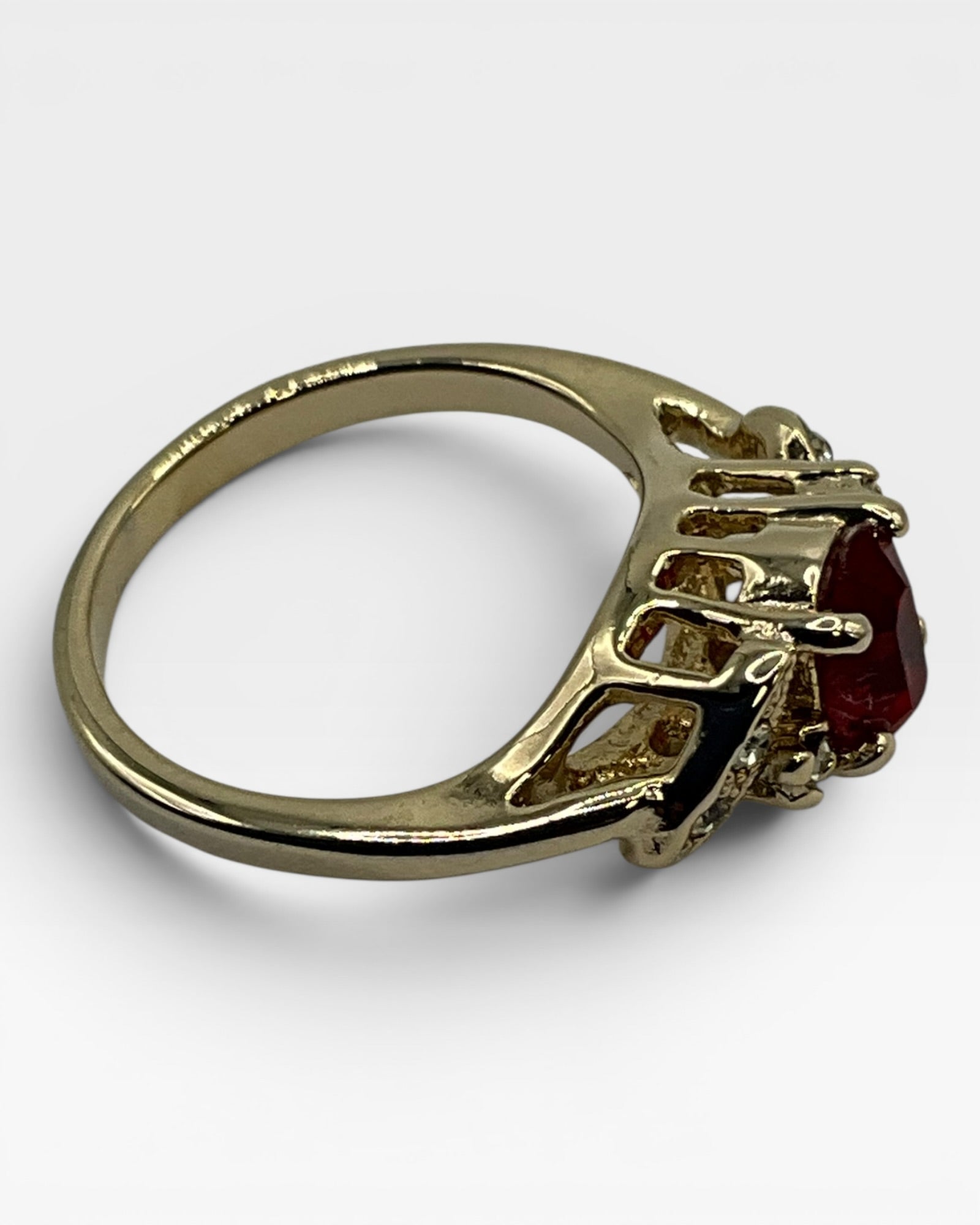 Vintage Gold Tone Red CZ Bypass Ring | Dainty Ruby Look Statement Ring - Estate Sale (Great Condition)