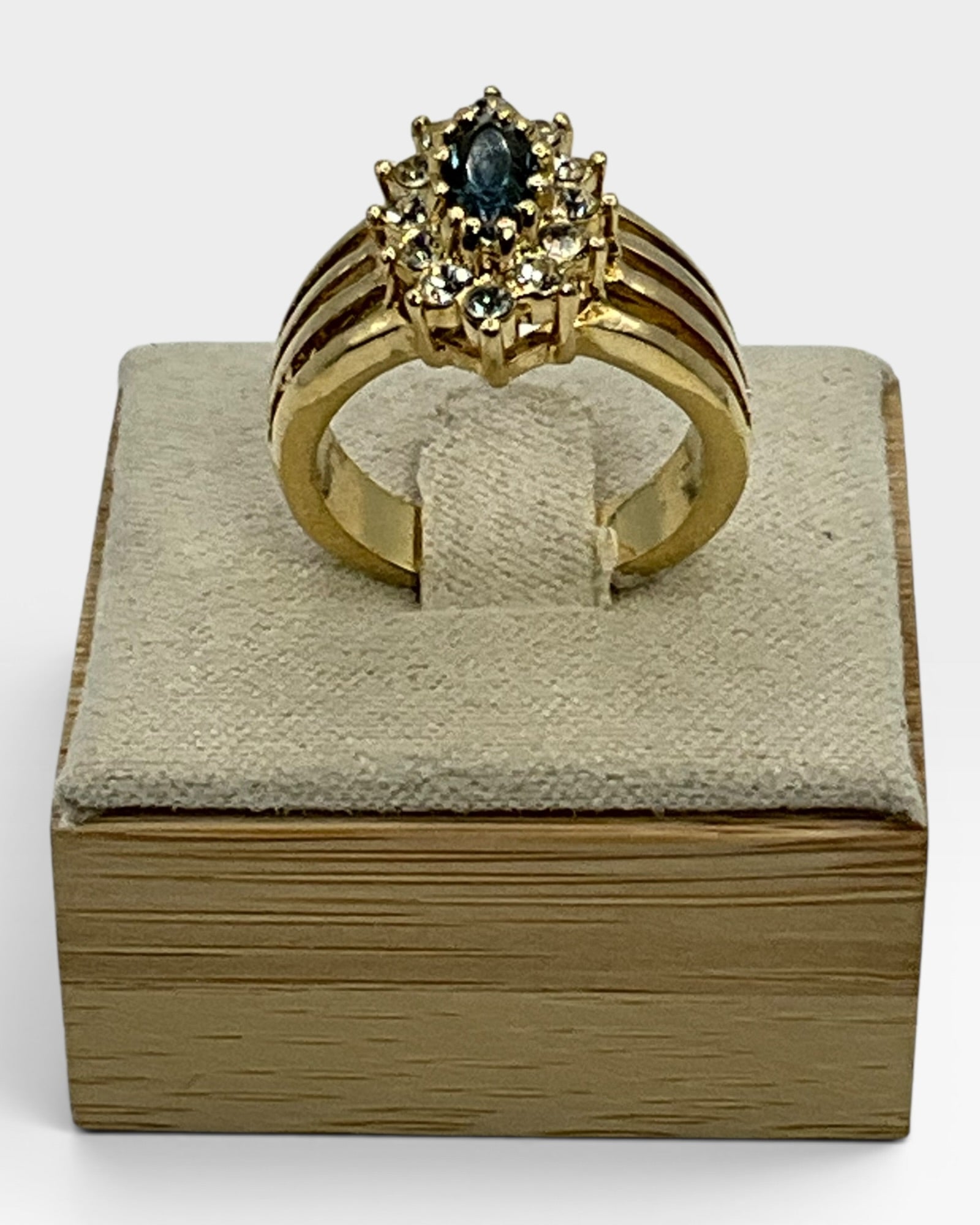 Vintage Gold Tone CZ Cluster Cocktail Ring | Marquise Blue Center | Statement Ring - Estate Sale (Great Condition)