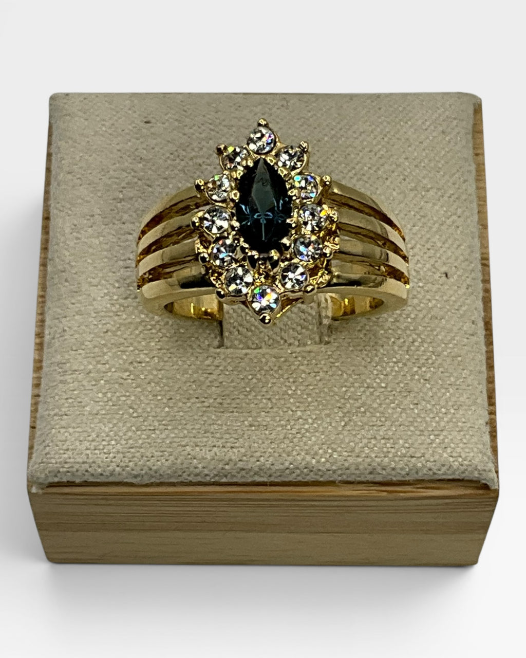 Vintage Gold Tone CZ Cluster Cocktail Ring | Marquise Blue Center | Statement Ring - Estate Sale (Great Condition)