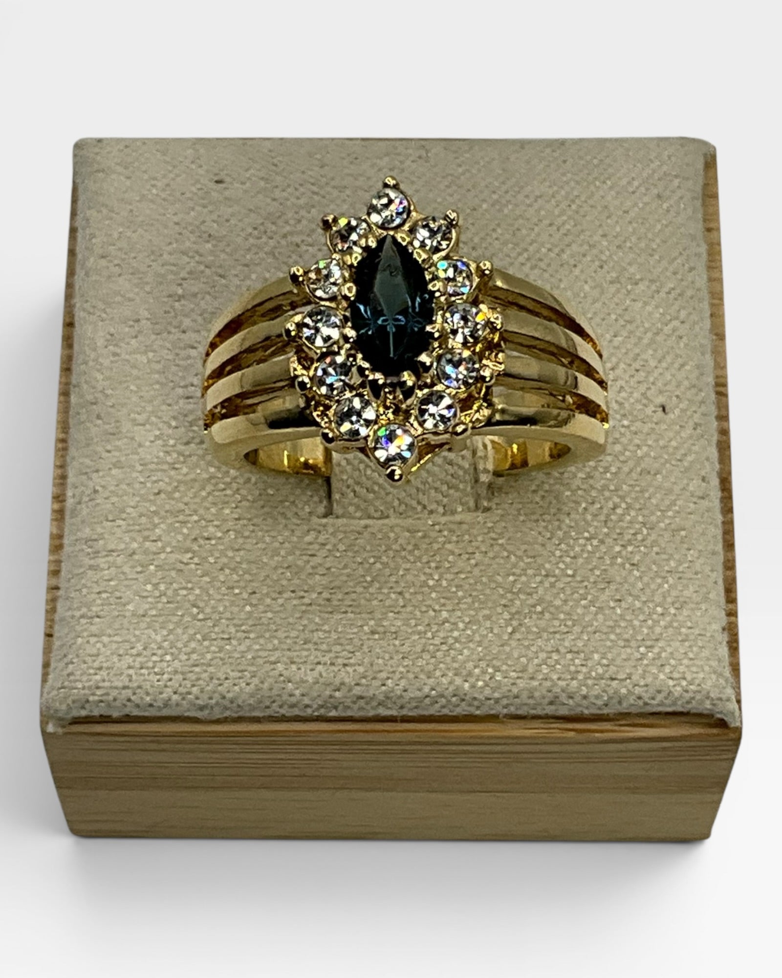 Vintage Gold Tone CZ Cluster Cocktail Ring | Marquise Blue Center | Statement Ring - Estate Sale (Great Condition)