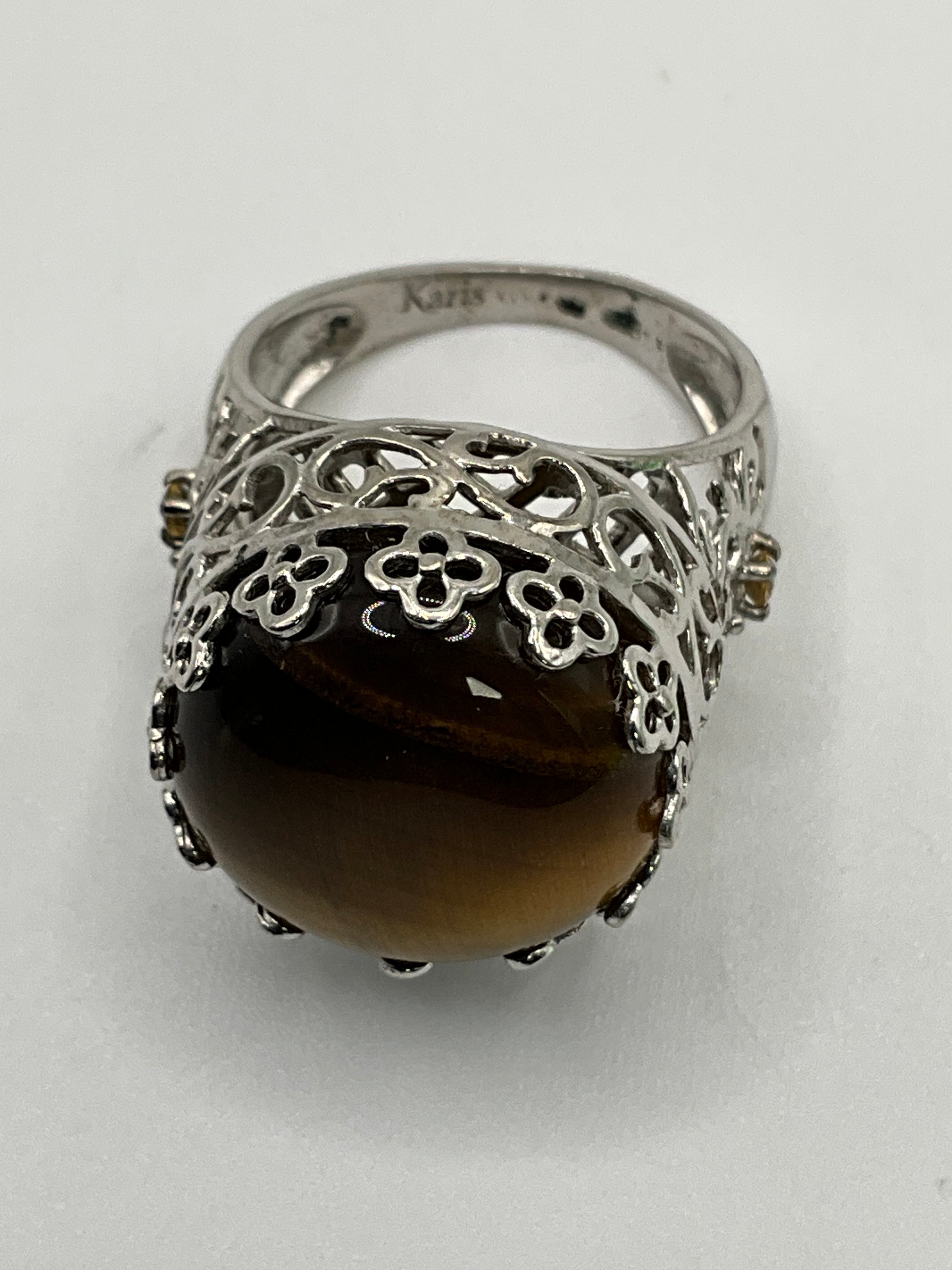 Karis 925 Sterling Silver Tiger’s Eye Statement Ring | Ornate Filigree Design - Estate Sale (Great Condition)